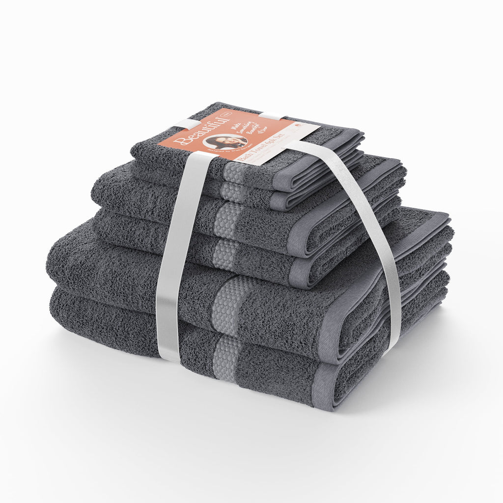 Beautiful by Drew Barrymore 6-Piece Dobby Bath Towel Set, Soft 100% Cotton, Charcoal Gray