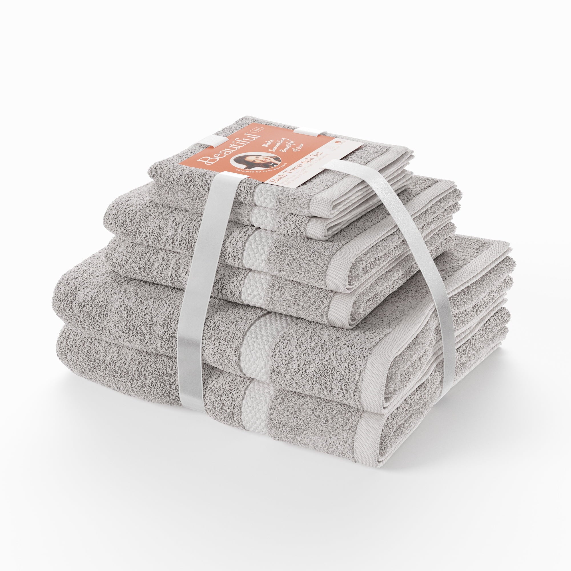 Beautiful by Drew Barrymore 6-Piece Dobby Bath Towel Set, Soft 100% Cotton, Charcoal Gray