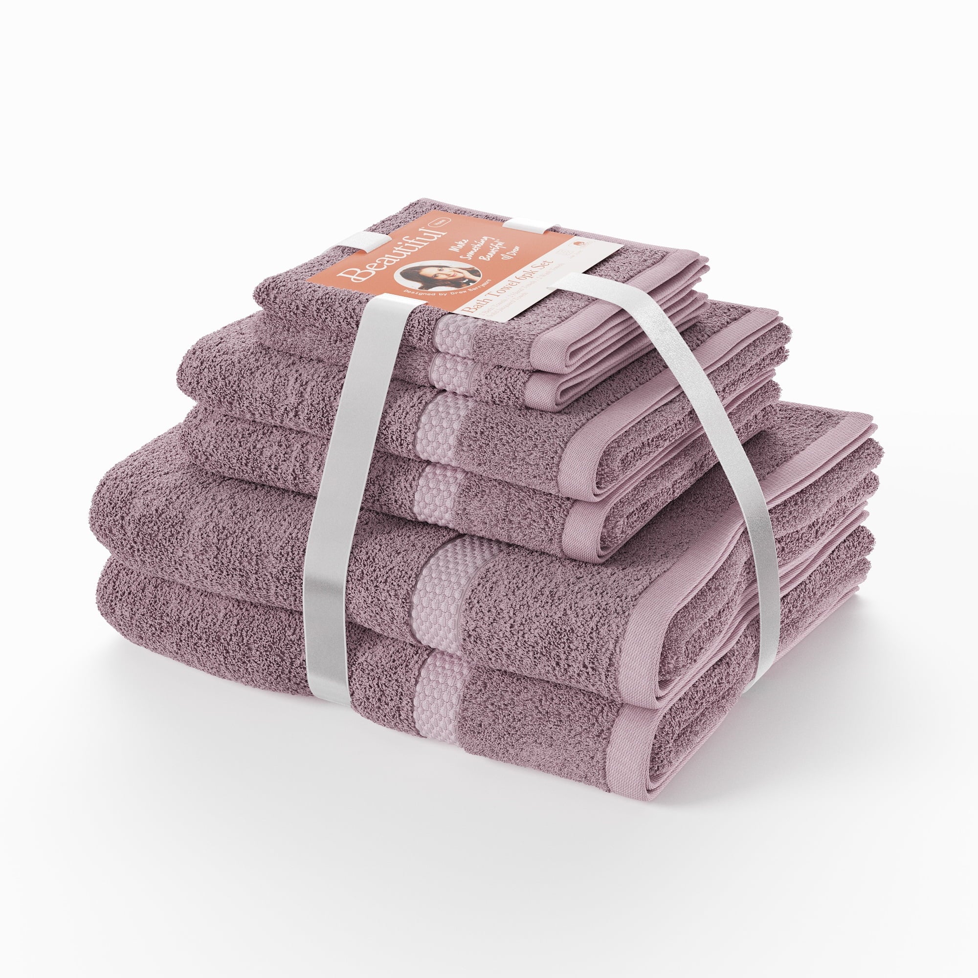 Beautiful by Drew Barrymore 6-Piece Dobby Bath Towel Set, Soft 100% Cotton, Charcoal Gray