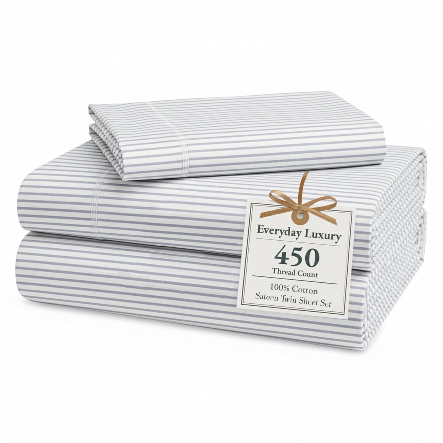 Casa Platino Twin Bed Sheet – 450TC 100% Cotton Cooling Bed Sheets, Premium Hotel Sateen Finish, Oeko-Tex Certified, Restful Sleep – Ticking Stripe