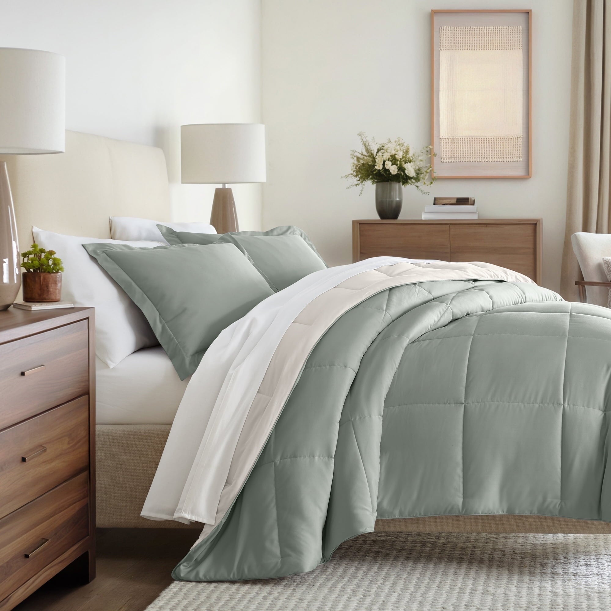 All Season Reversible Comforter Set Breathable Cool in Sage Green & Ivory Twin/Twin XL Size Bedding by Comfort Canopy