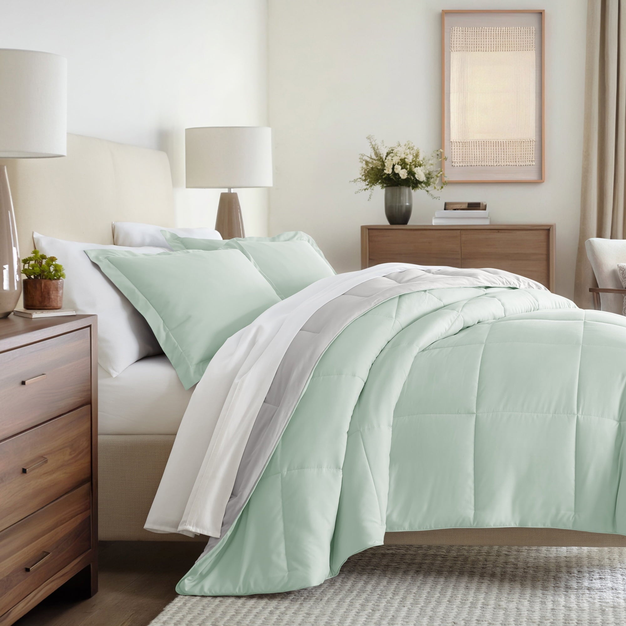 All Season Reversible Comforter Set Breathable Cool in Sage Green & Ivory Twin/Twin XL Size Bedding by Comfort Canopy