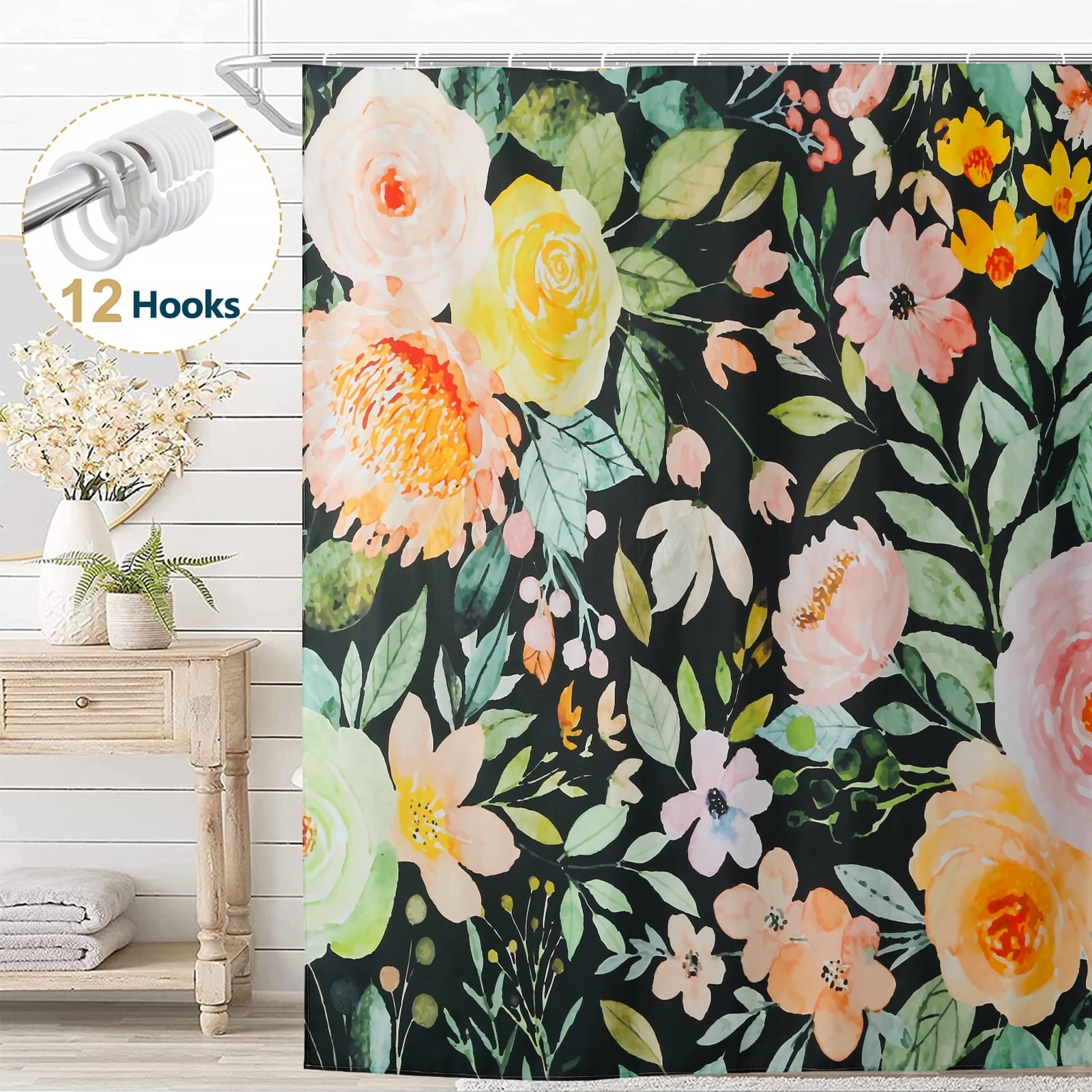 Dznils White Floral Fabric Shower Curtain, Watercolor Bathroom Curtain with Hooks, Pink, 72" x 72"