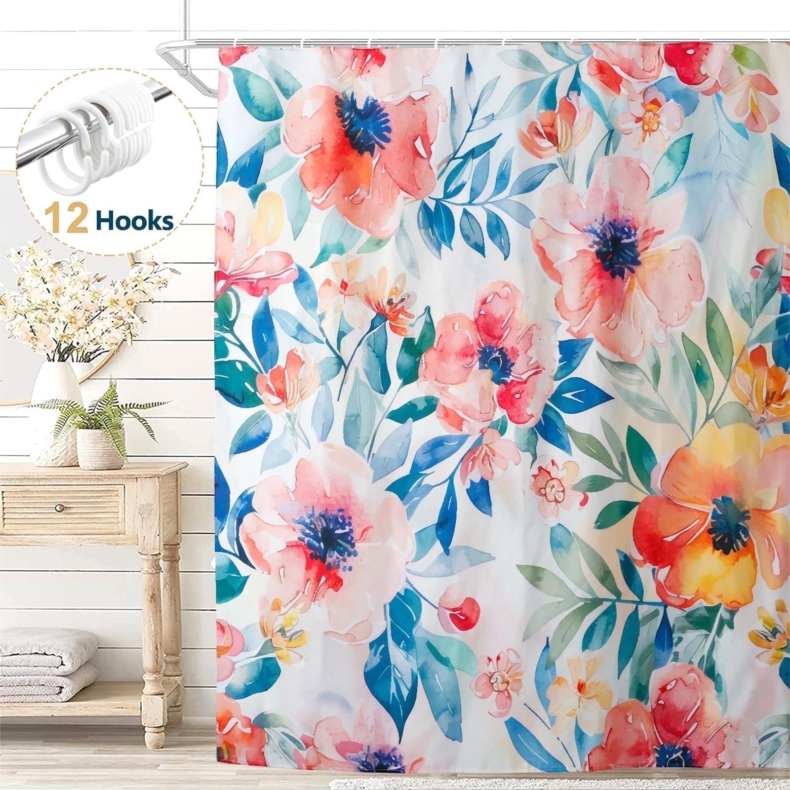 Dznils White Floral Fabric Shower Curtain, Watercolor Bathroom Curtain with Hooks, Pink, 72" x 72"