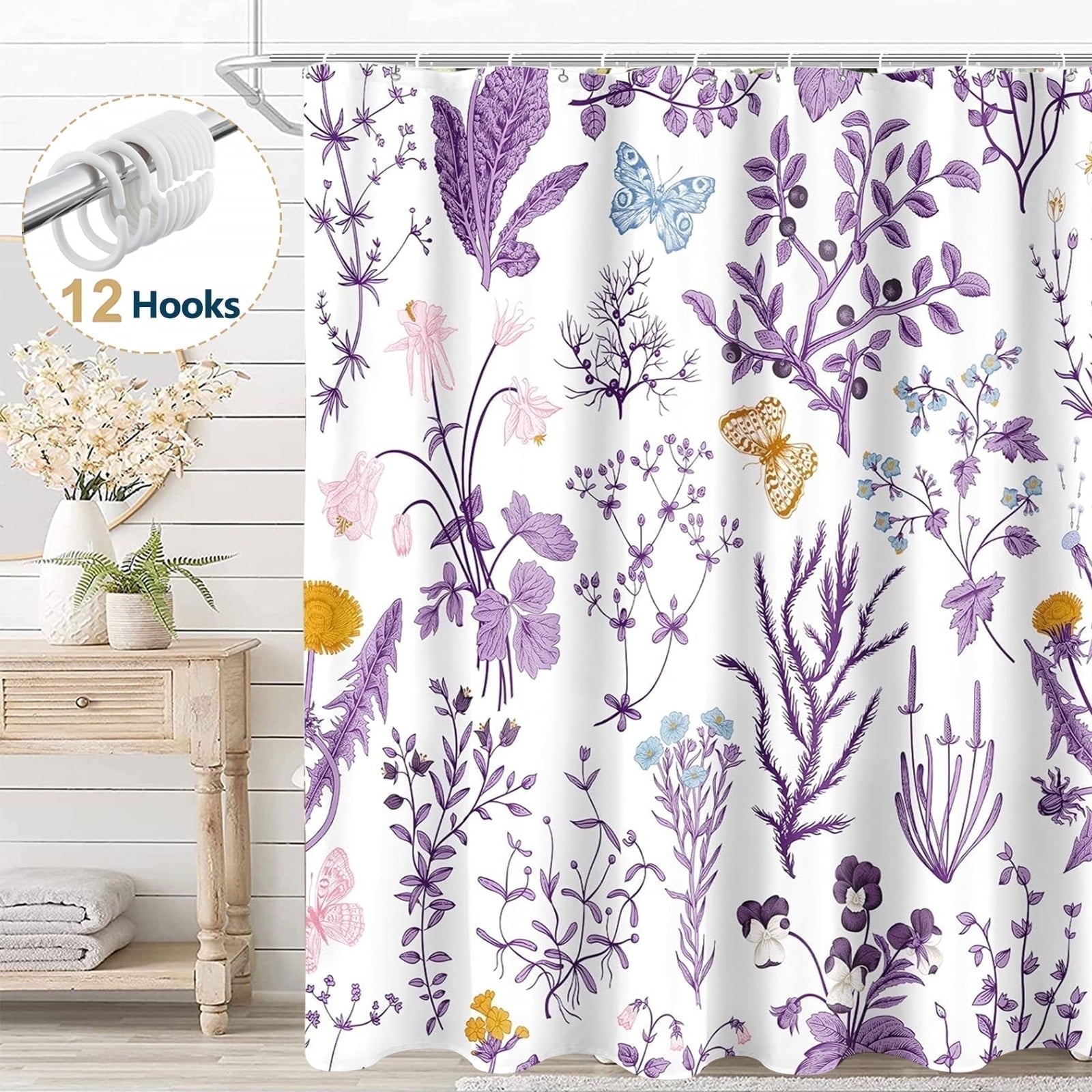 Dznils White Floral Fabric Shower Curtain, Watercolor Bathroom Curtain with Hooks, Pink, 72" x 72"