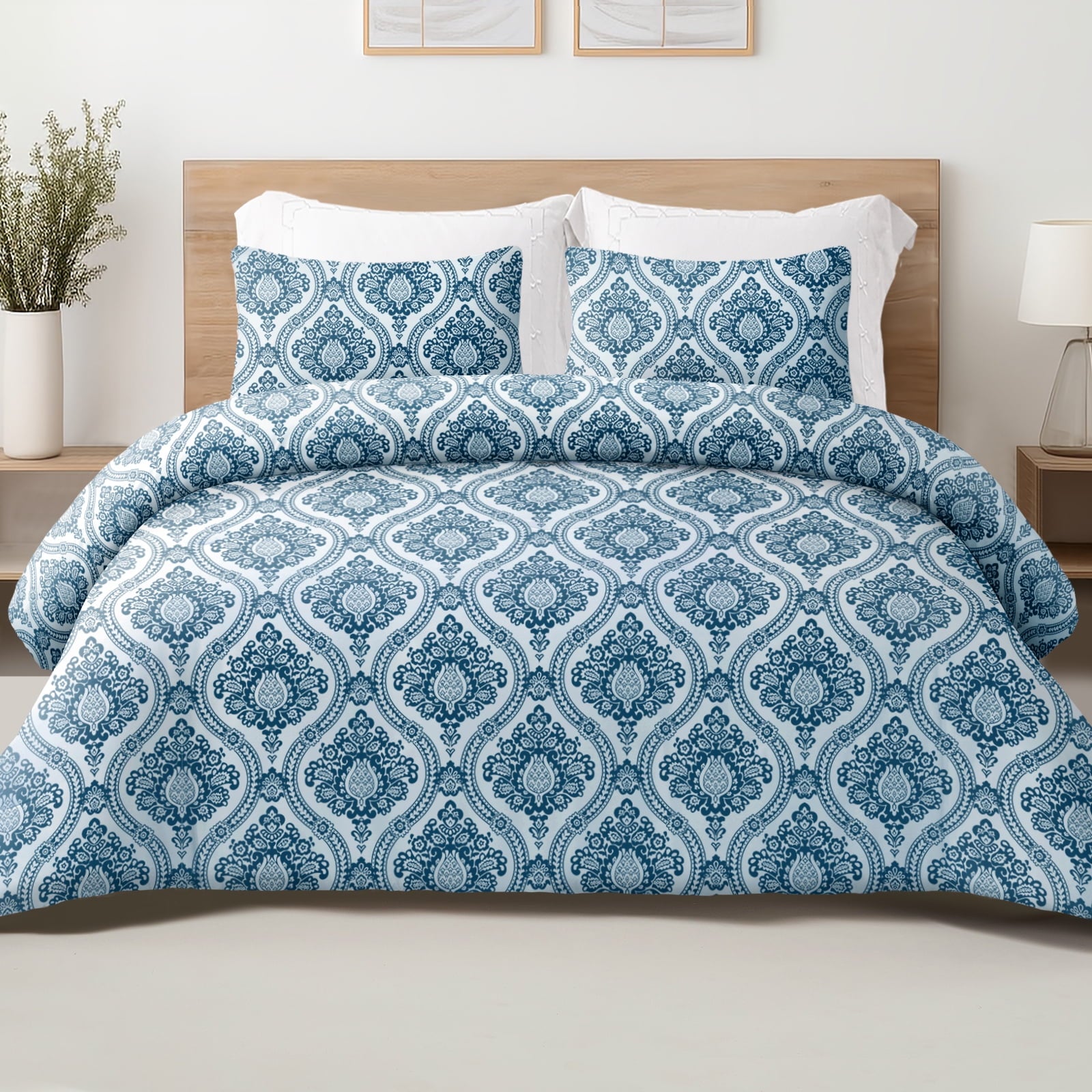 Exclusivo Mezcla 3-Piece Floral King Size Comforter Set, Microfiber Bedding Down Alternative Comforter for All Seasons with 2 Pillow Shams, Light Blue