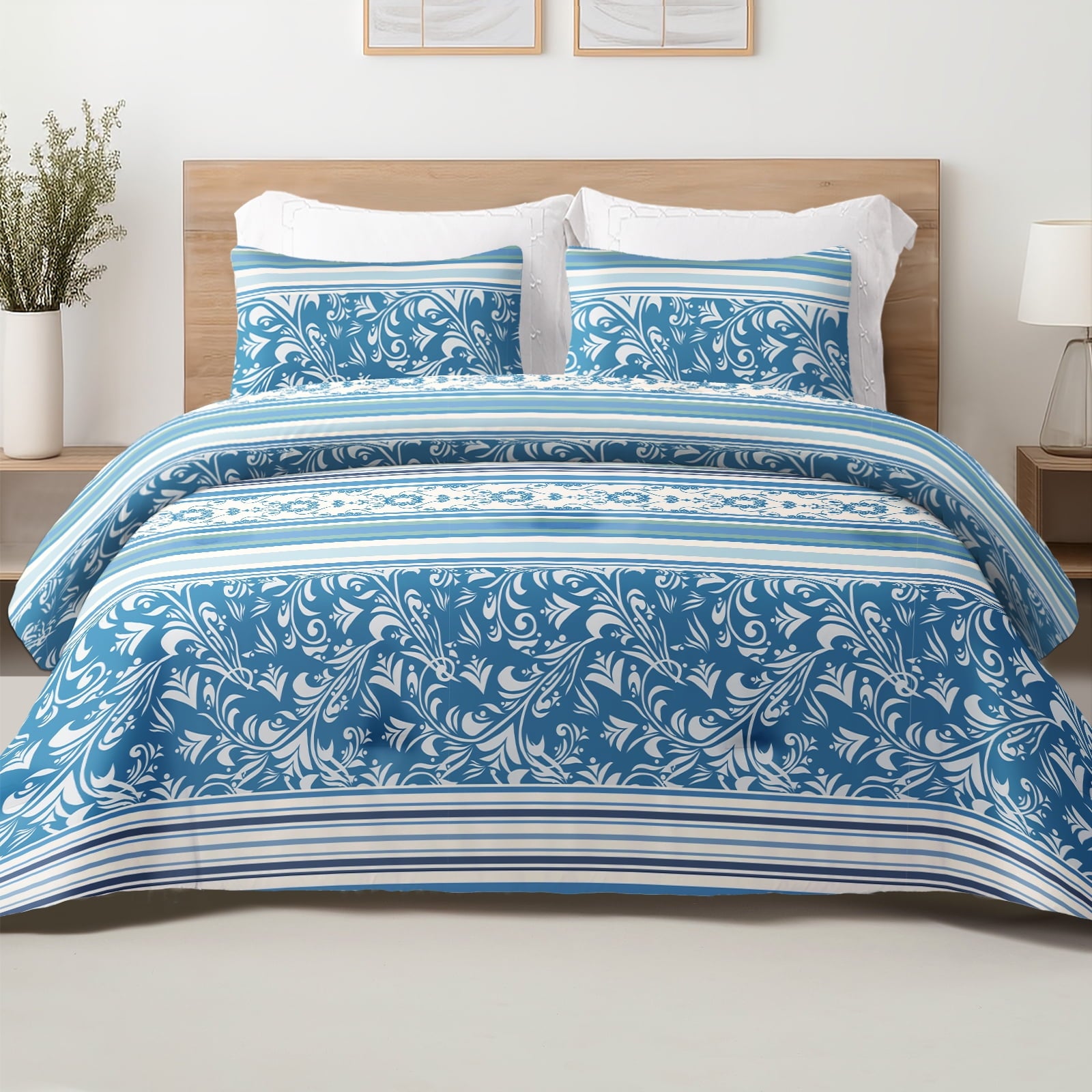 Exclusivo Mezcla 3-Piece Floral King Size Comforter Set, Microfiber Bedding Down Alternative Comforter for All Seasons with 2 Pillow Shams, Light Blue