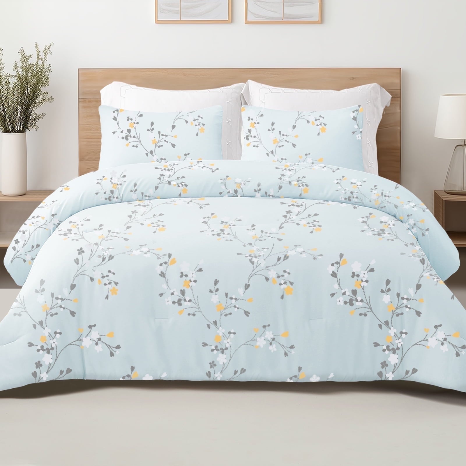 Exclusivo Mezcla 3-Piece Floral King Size Comforter Set, Microfiber Bedding Down Alternative Comforter for All Seasons with 2 Pillow Shams, Light Blue