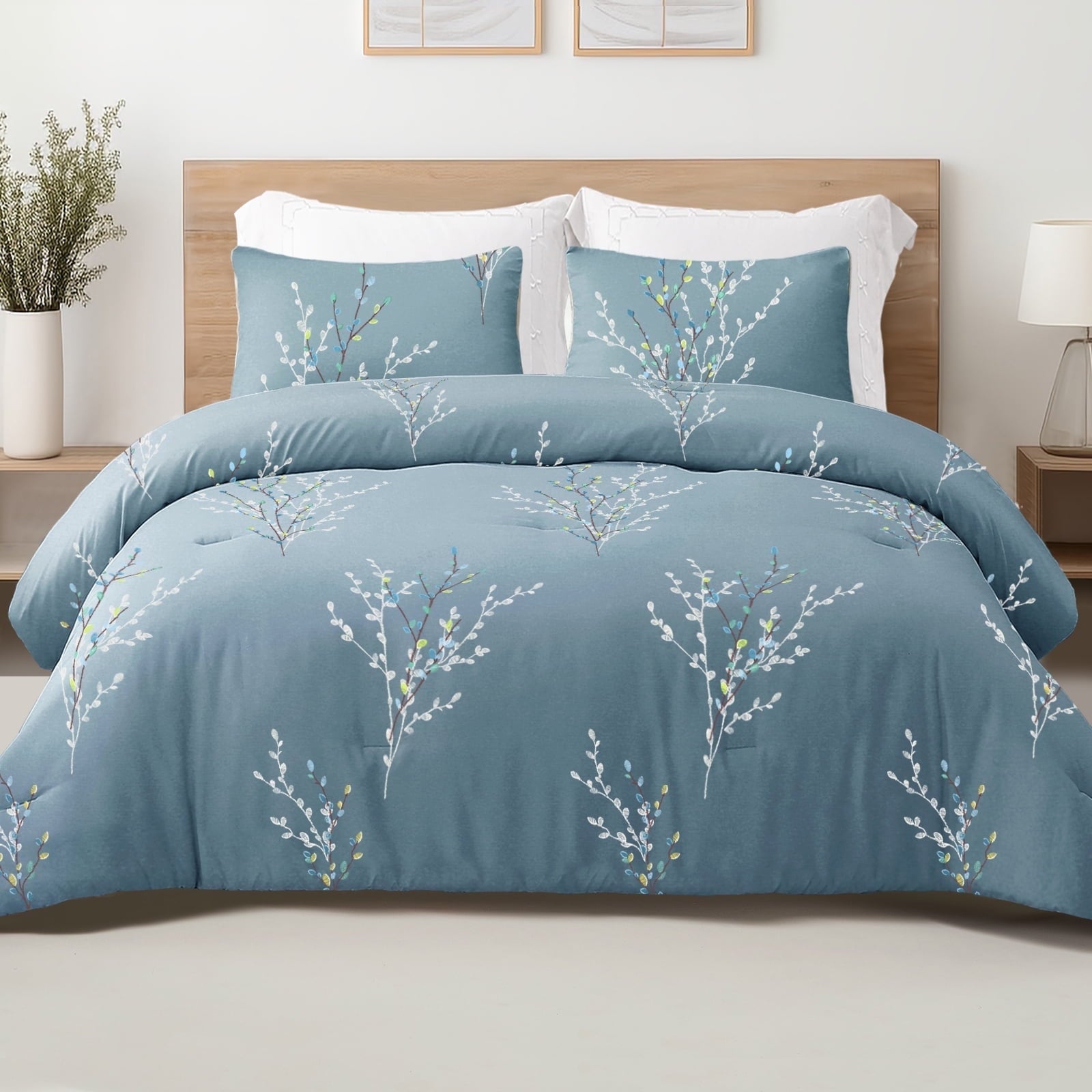 Exclusivo Mezcla 3-Piece Floral King Size Comforter Set, Microfiber Bedding Down Alternative Comforter for All Seasons with 2 Pillow Shams, Light Blue