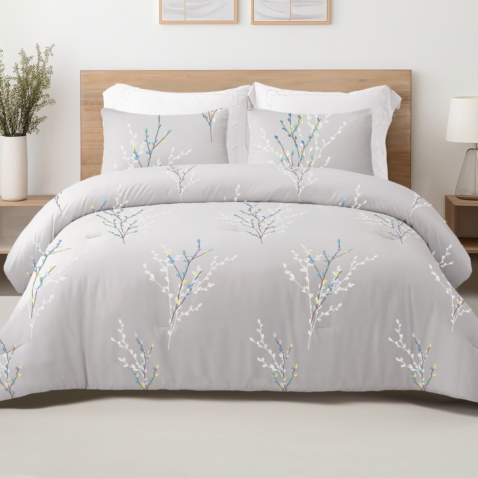 Exclusivo Mezcla 3-Piece Floral King Size Comforter Set, Microfiber Bedding Down Alternative Comforter for All Seasons with 2 Pillow Shams, Light Blue