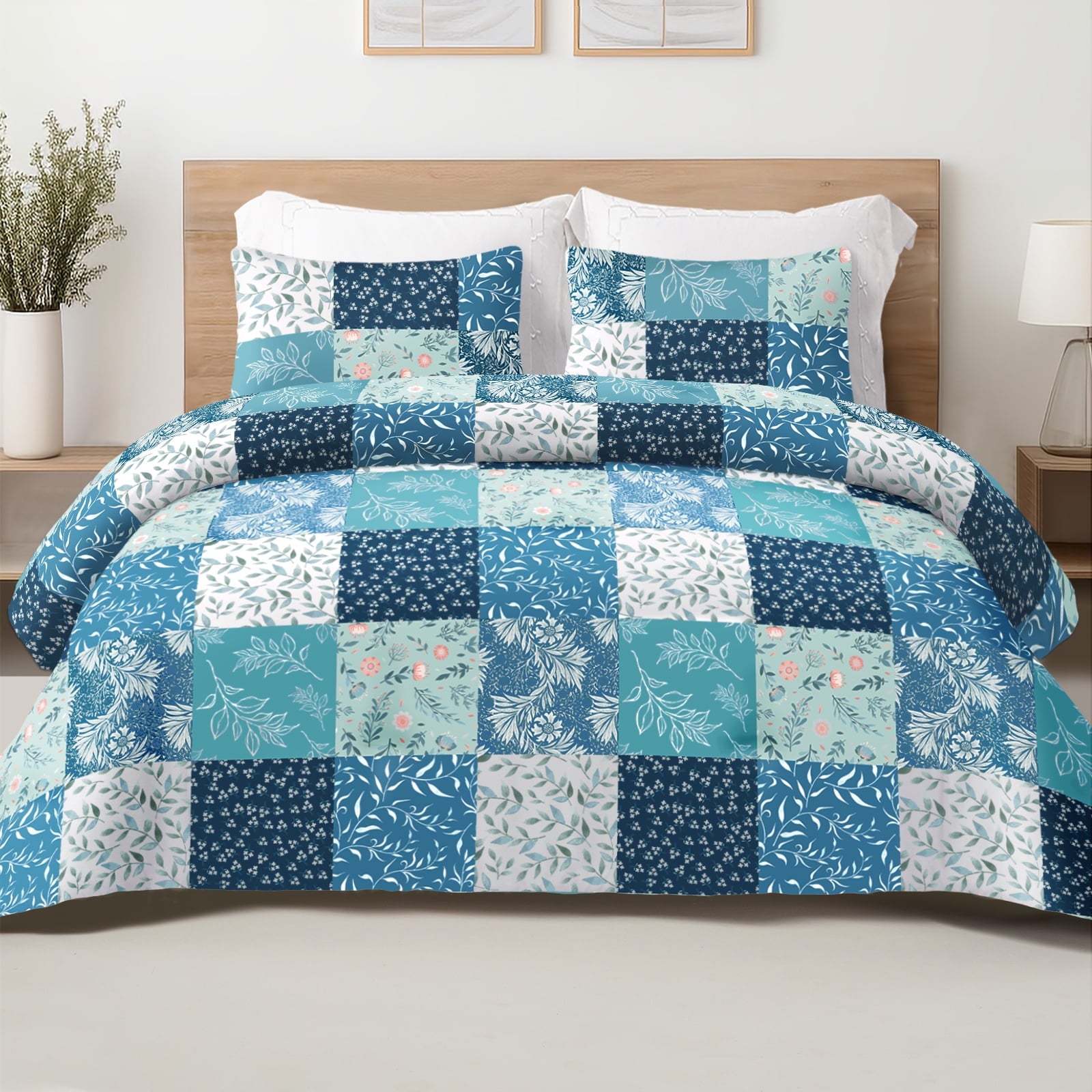 Exclusivo Mezcla 3-Piece Floral King Size Comforter Set, Microfiber Bedding Down Alternative Comforter for All Seasons with 2 Pillow Shams, Light Blue