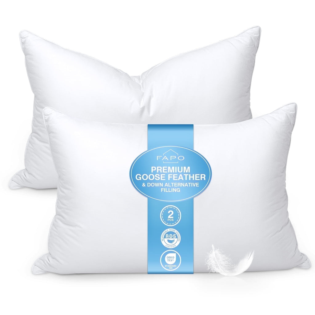 FAPO Goose Feather and Down Pillows Queen Size Set of 2 Luxury Hotel Bed Pillows with Cotton Cover