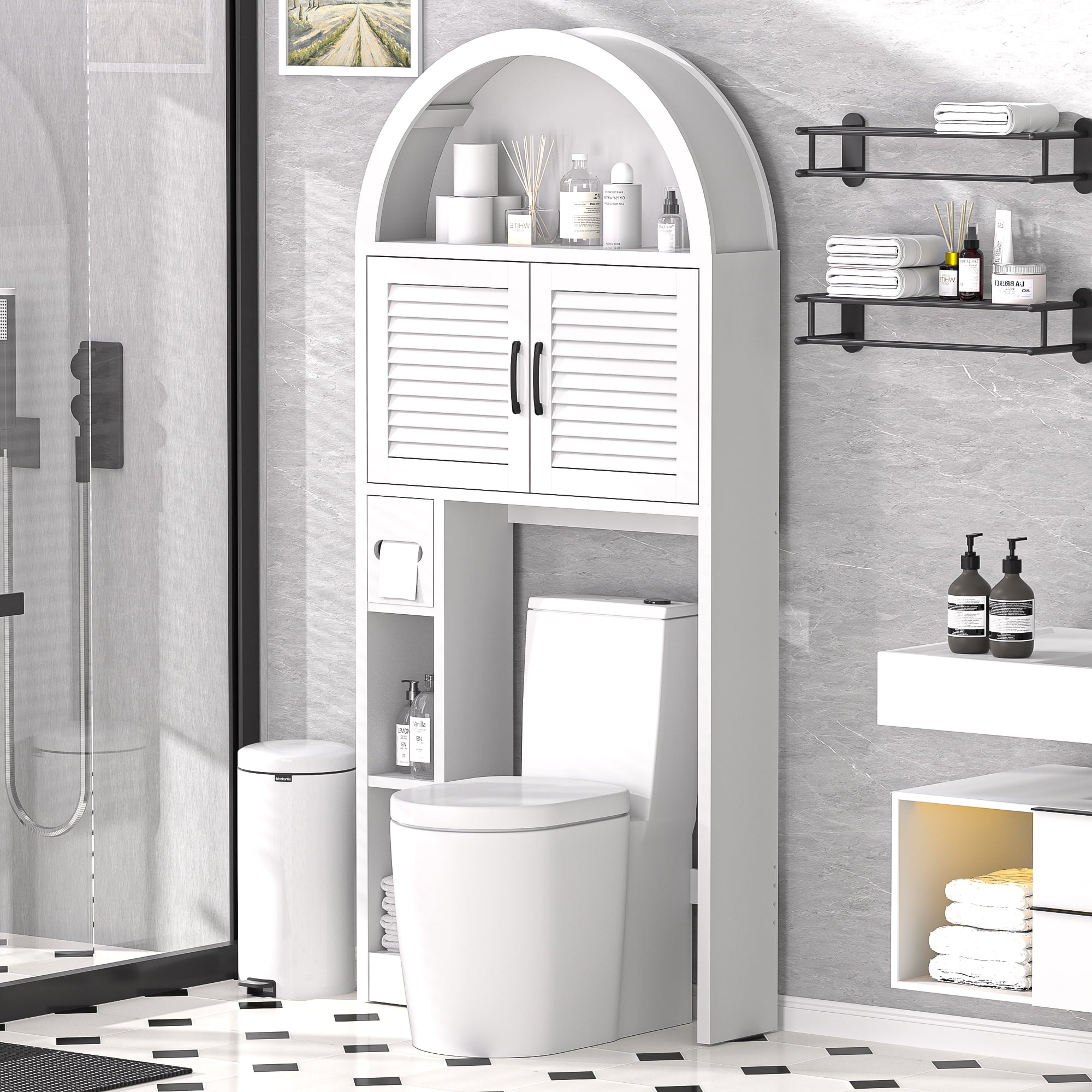 HARIPUL Over The Toilet Storage Cabinet w/ Unique Wood Grain & Arc Design, Freestanding Bathroom Shelf Organizer Space Saver w/ Doors & Anti-Tip Device, Wood Color