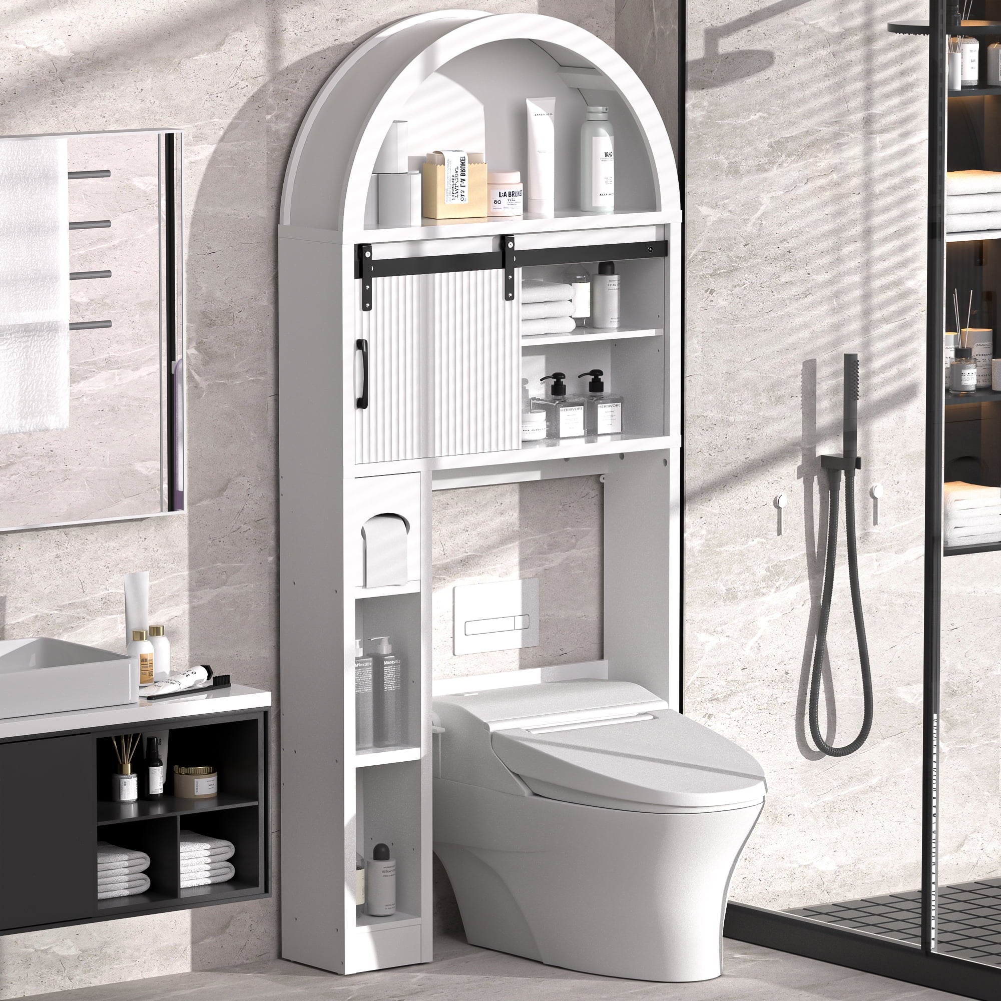 HARIPUL Over The Toilet Storage Cabinet w/ Unique Wood Grain & Arc Design, Freestanding Bathroom Shelf Organizer Space Saver w/ Doors & Anti-Tip Device, Wood Color