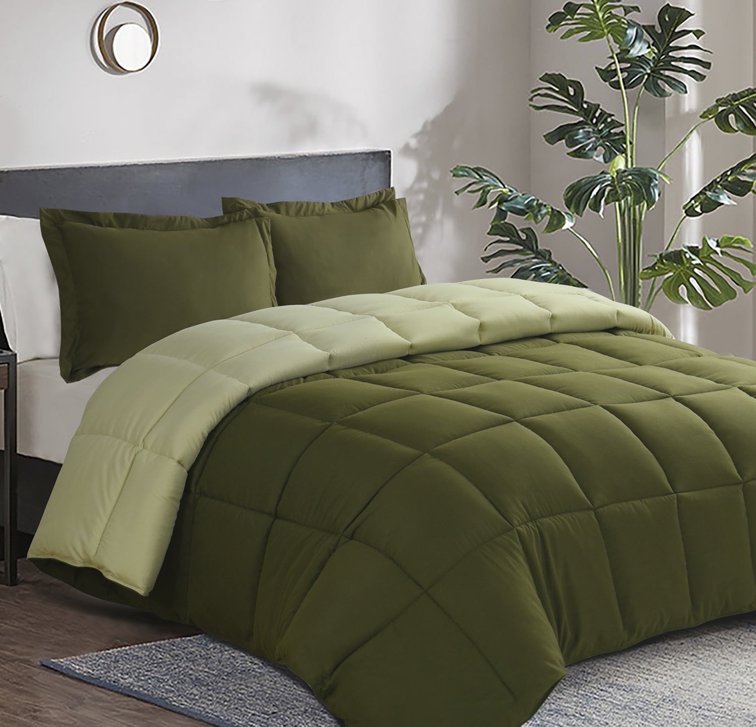 HIG Light Weight Down Alternative Comforter Set, Queen, Green, Reversible