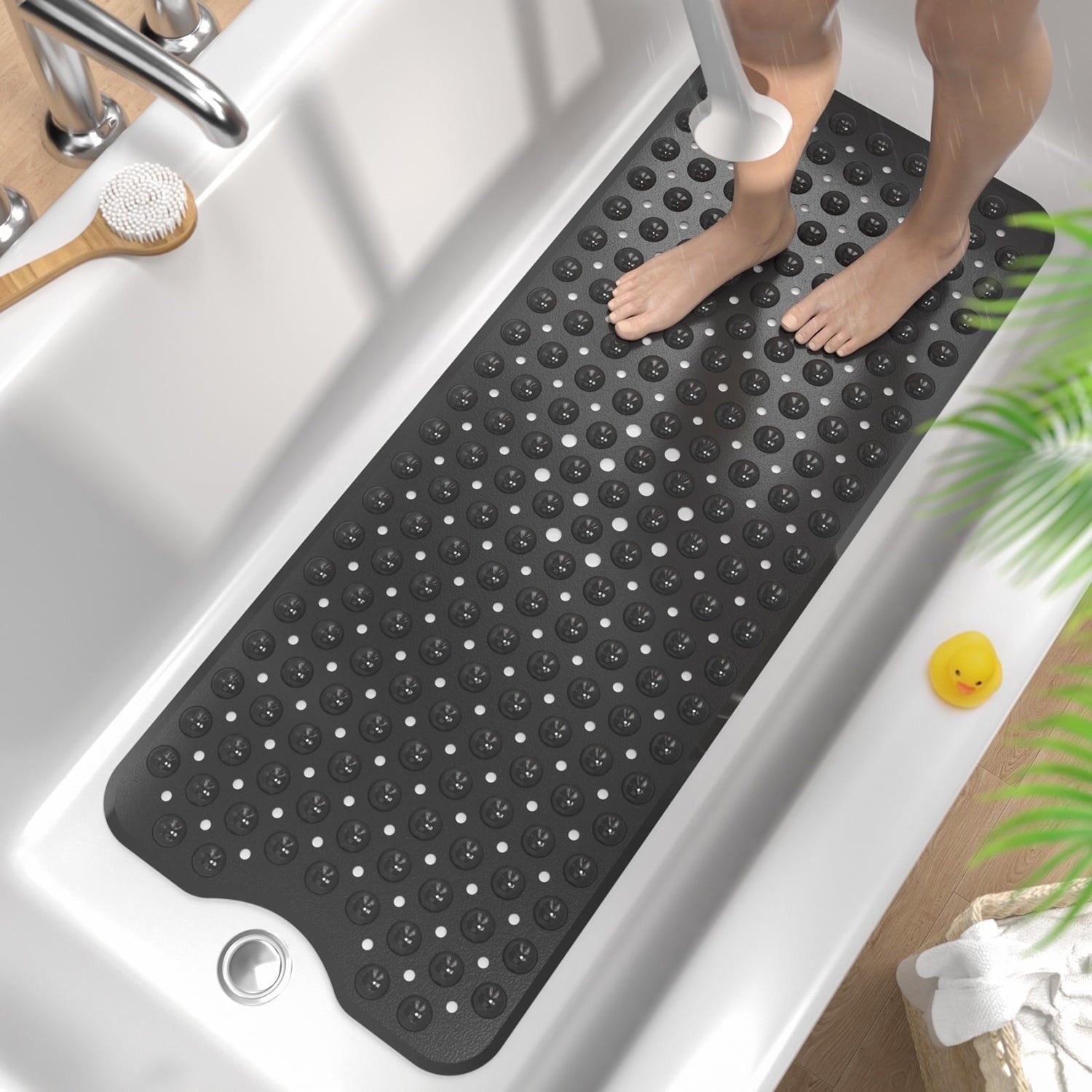 HITSLAM Extra Long Bathtub Mat-40x16 Non Slip Shower Mat with Drain Holes and Suction Cups,Machine Washable Bath Mat,Clear