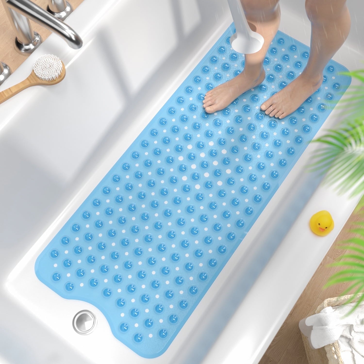 HITSLAM Extra Long Bathtub Mat-40x16 Non Slip Shower Mat with Drain Holes and Suction Cups,Machine Washable Bath Mat,Clear