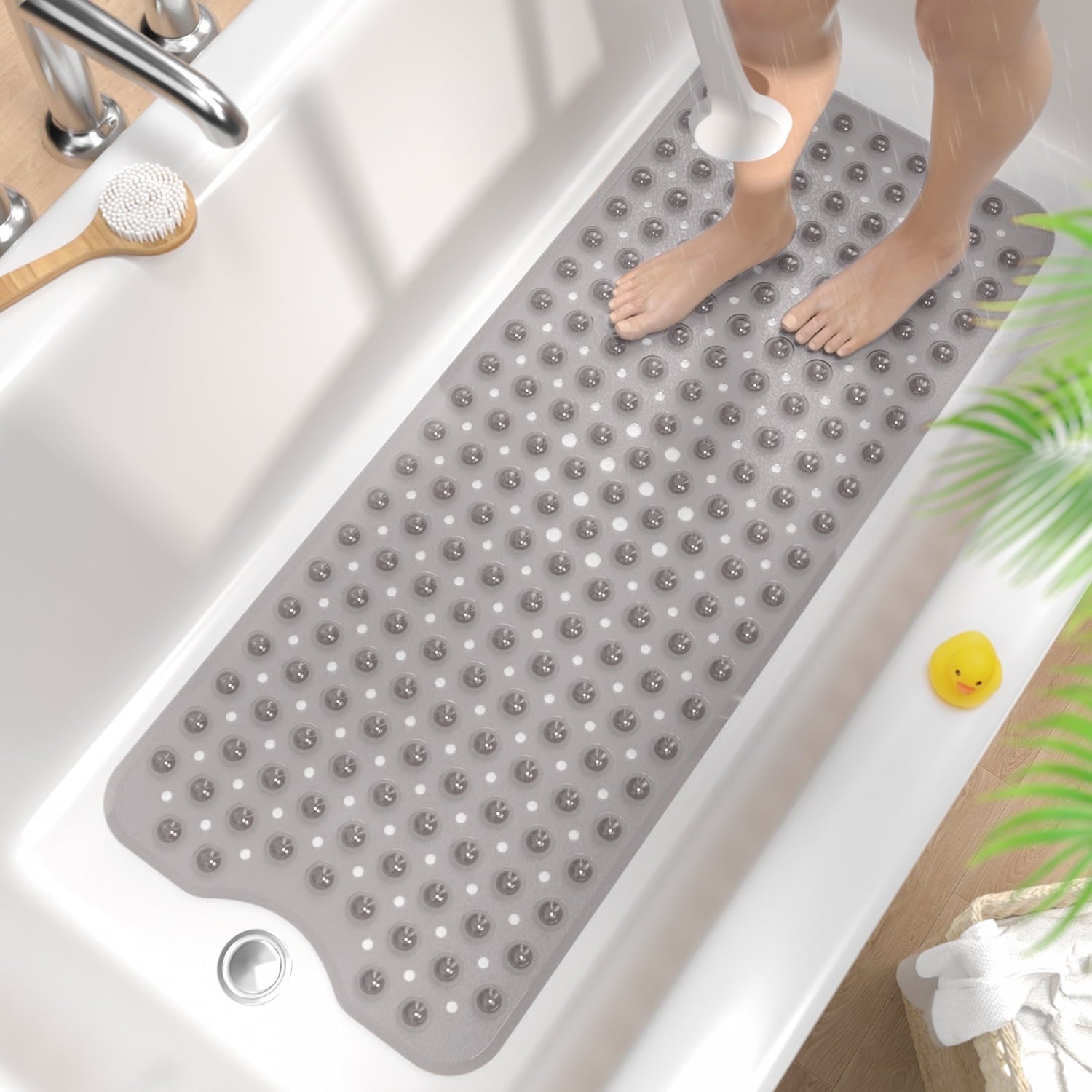 HITSLAM Extra Long Bathtub Mat-40x16 Non Slip Shower Mat with Drain Holes and Suction Cups,Machine Washable Bath Mat,Clear