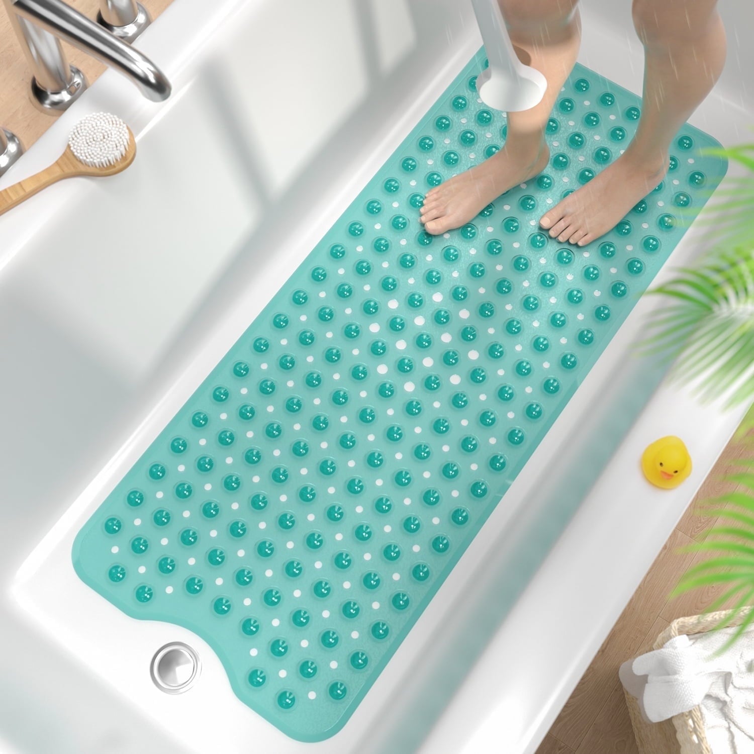 HITSLAM Extra Long Bathtub Mat-40x16 Non Slip Shower Mat with Drain Holes and Suction Cups,Machine Washable Bath Mat,Clear