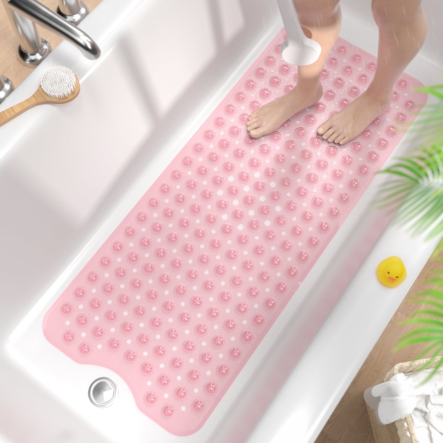 HITSLAM Extra Long Bathtub Mat-40x16 Non Slip Shower Mat with Drain Holes and Suction Cups,Machine Washable Bath Mat,Clear