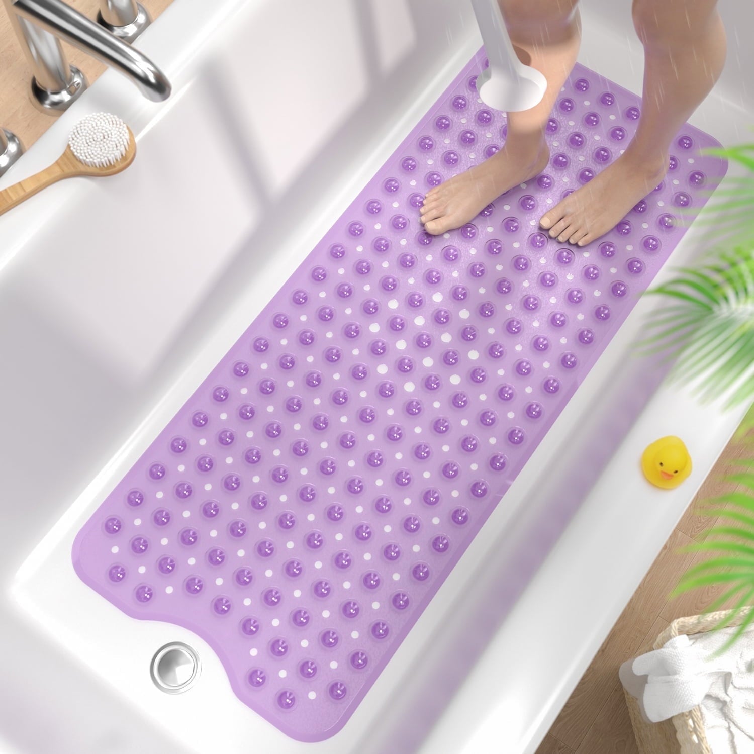 HITSLAM Extra Long Bathtub Mat-40x16 Non Slip Shower Mat with Drain Holes and Suction Cups,Machine Washable Bath Mat,Clear
