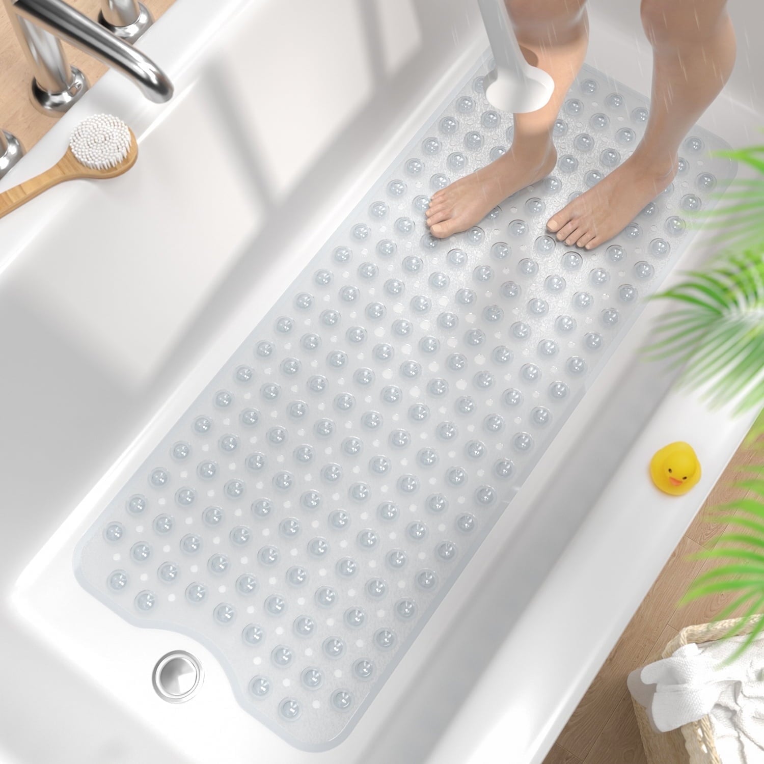 HITSLAM Extra Long Bathtub Mat-40x16 Non Slip Shower Mat with Drain Holes and Suction Cups,Machine Washable Bath Mat,Clear