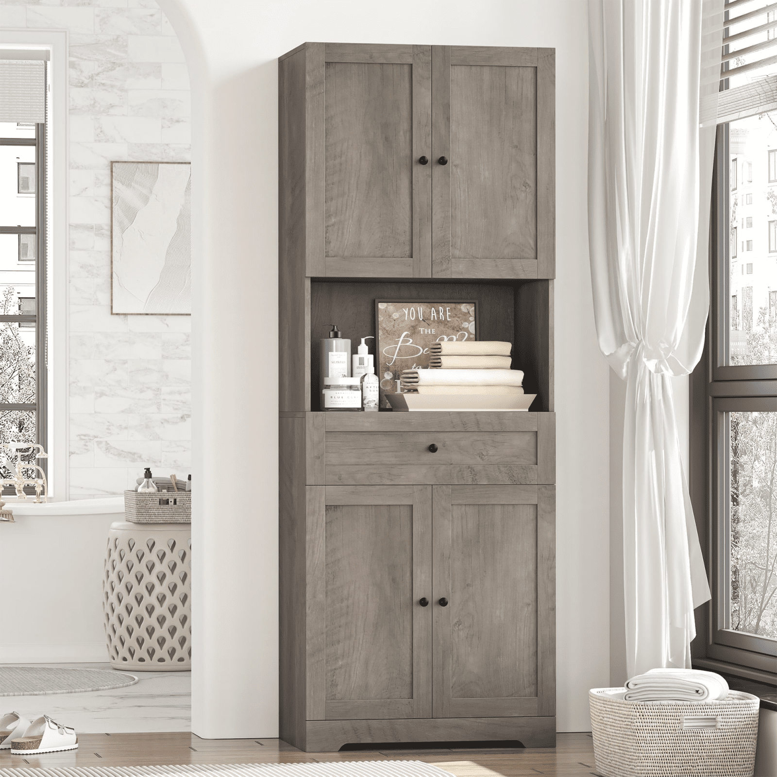 Homfa 67.5" Tall Bathroom Storage Cabinet with Drawer, 4 Door Modern Freestanding Cupboard, White