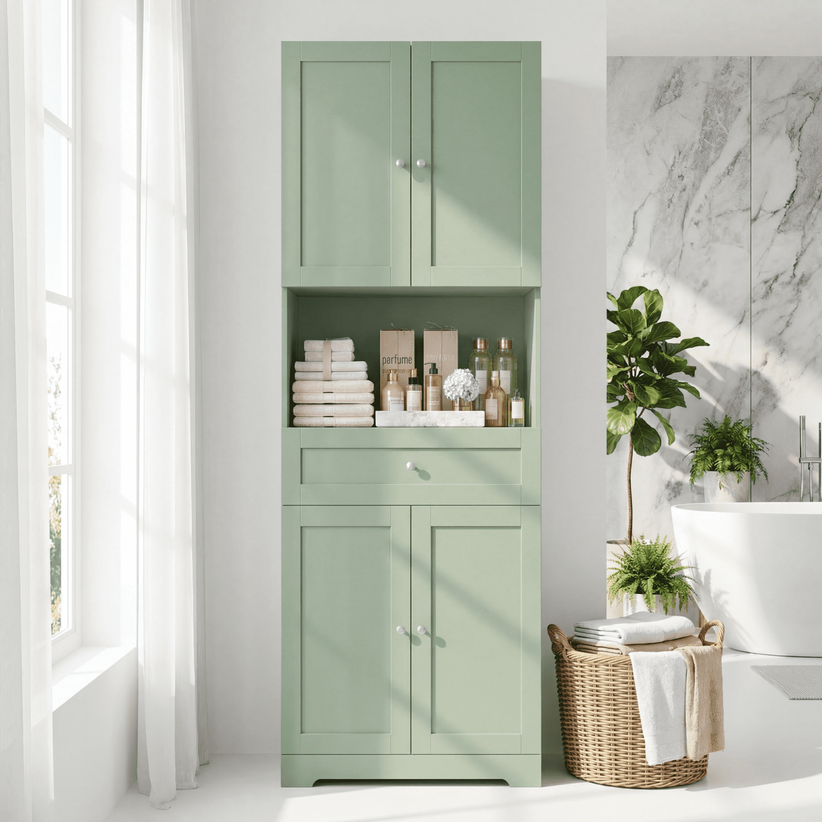 Homfa 67.5" Tall Bathroom Storage Cabinet with Drawer, 4 Door Modern Freestanding Cupboard, White