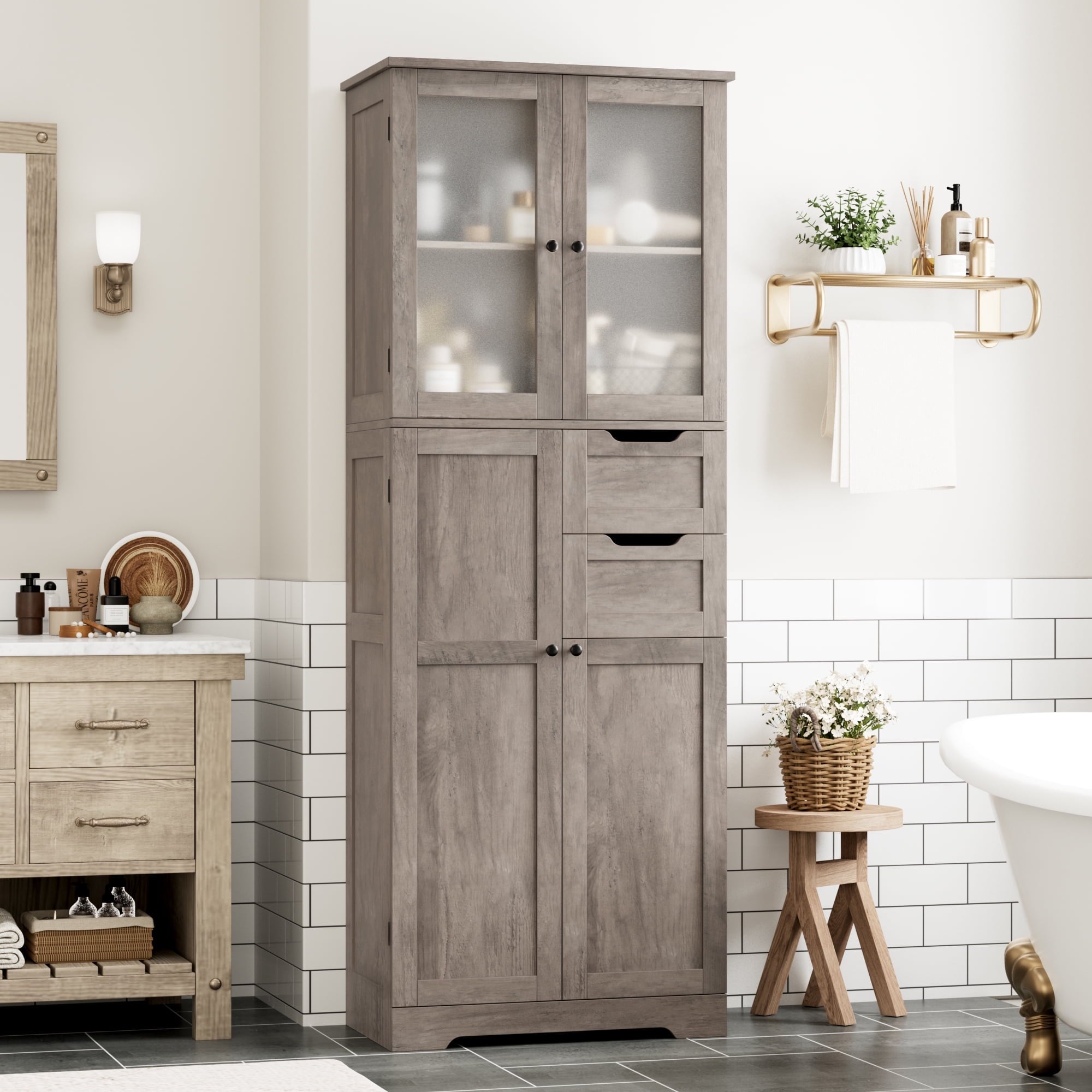 Homfa 67" Tall Bathroom Cabinet, White Linen Cabinet with Doors and Removable Drawers, Kitchen Cupboard