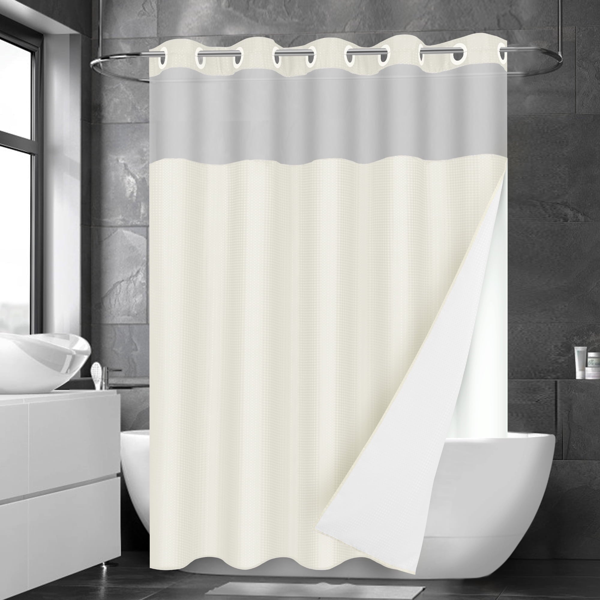 Ikfashoni White Hookless Shower Curtain with Snap in Liner, Waffle Weave Fabric No Hook Waterproof Mesh Window Bathroom Curtain, 72"X74"