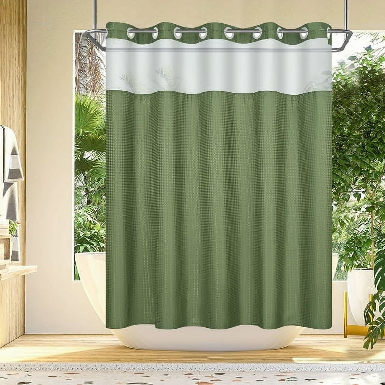 Ikfashoni White Hookless Shower Curtain with Snap in Liner, Waffle Weave Fabric No Hook Waterproof Mesh Window Bathroom Curtain, 72"X74"