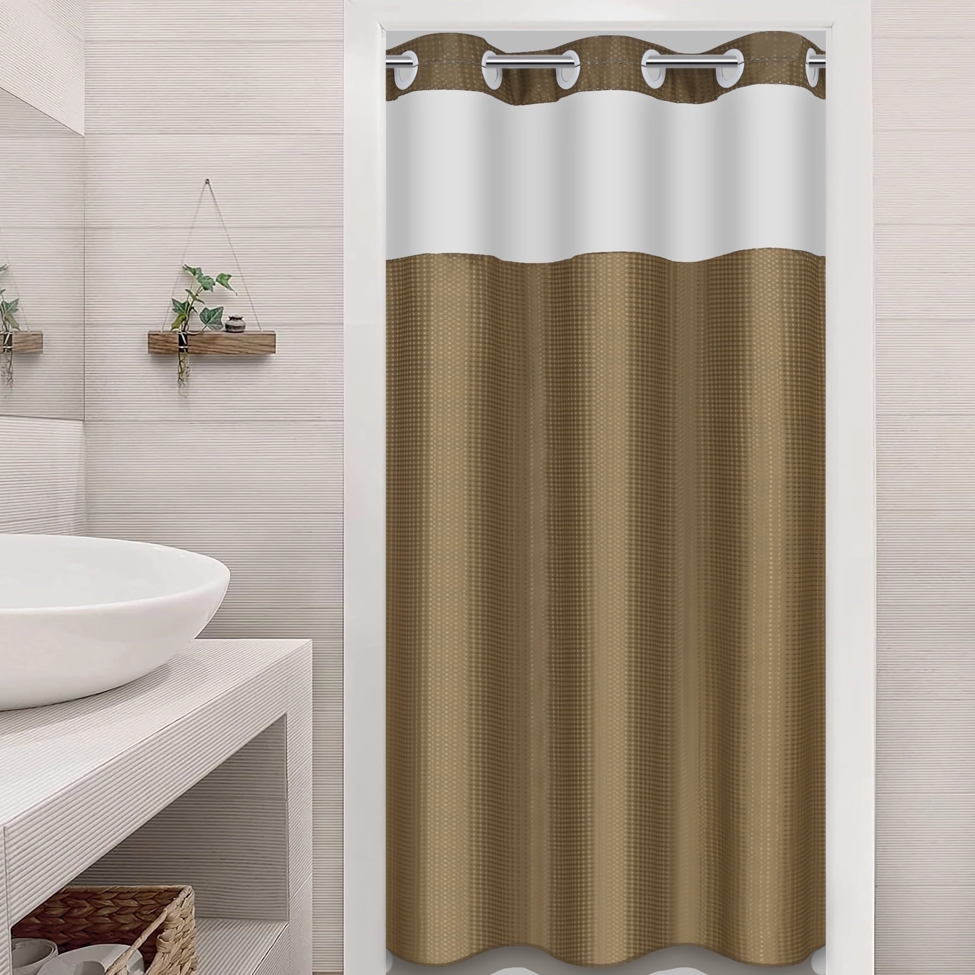 Ikfashoni White Hookless Shower Curtain with Snap in Liner, Waffle Weave Fabric No Hook Waterproof Mesh Window Bathroom Curtain, 72"X74"