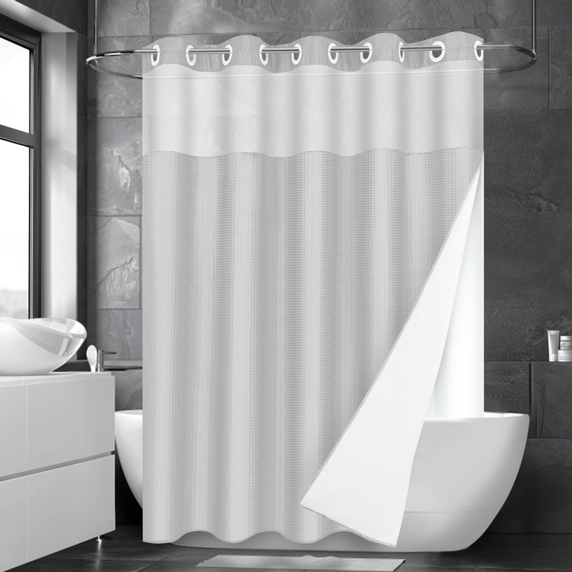 Ikfashoni White Hookless Shower Curtain with Snap in Liner, Waffle Weave Fabric No Hook Waterproof Mesh Window Bathroom Curtain, 72"X74"