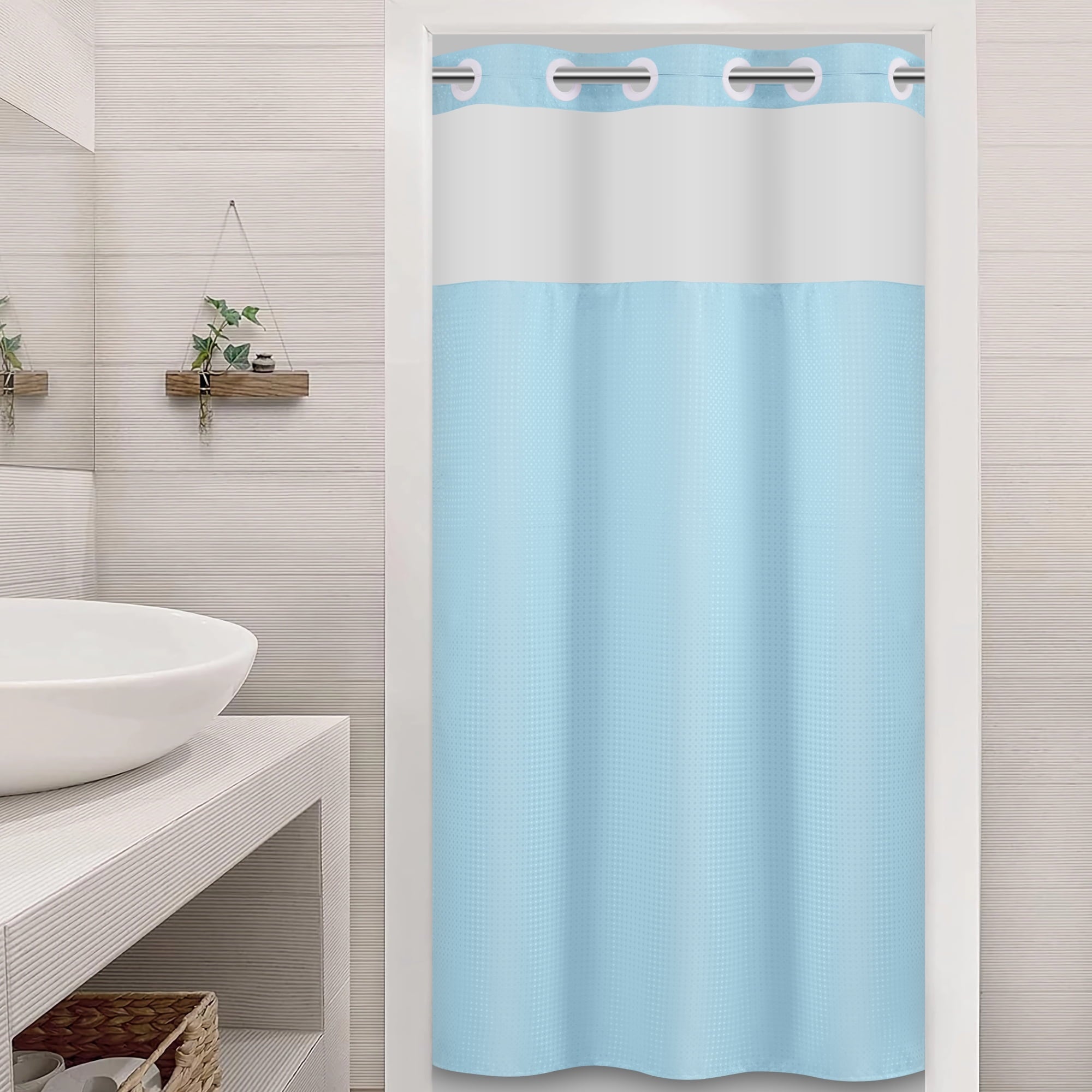 Ikfashoni White Hookless Shower Curtain with Snap in Liner, Waffle Weave Fabric No Hook Waterproof Mesh Window Bathroom Curtain, 72"X74"