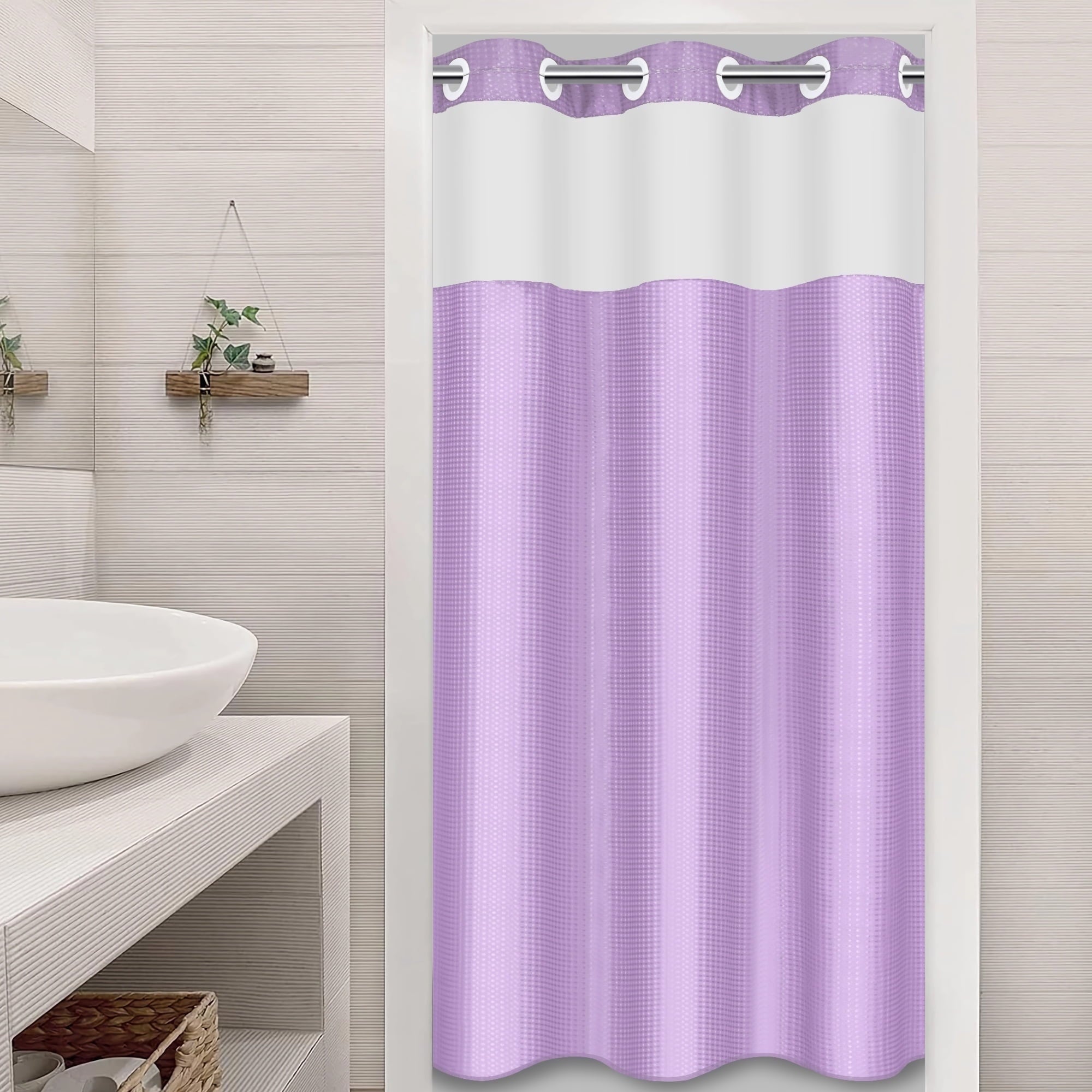 Ikfashoni White Hookless Shower Curtain with Snap in Liner, Waffle Weave Fabric No Hook Waterproof Mesh Window Bathroom Curtain, 72"X74"