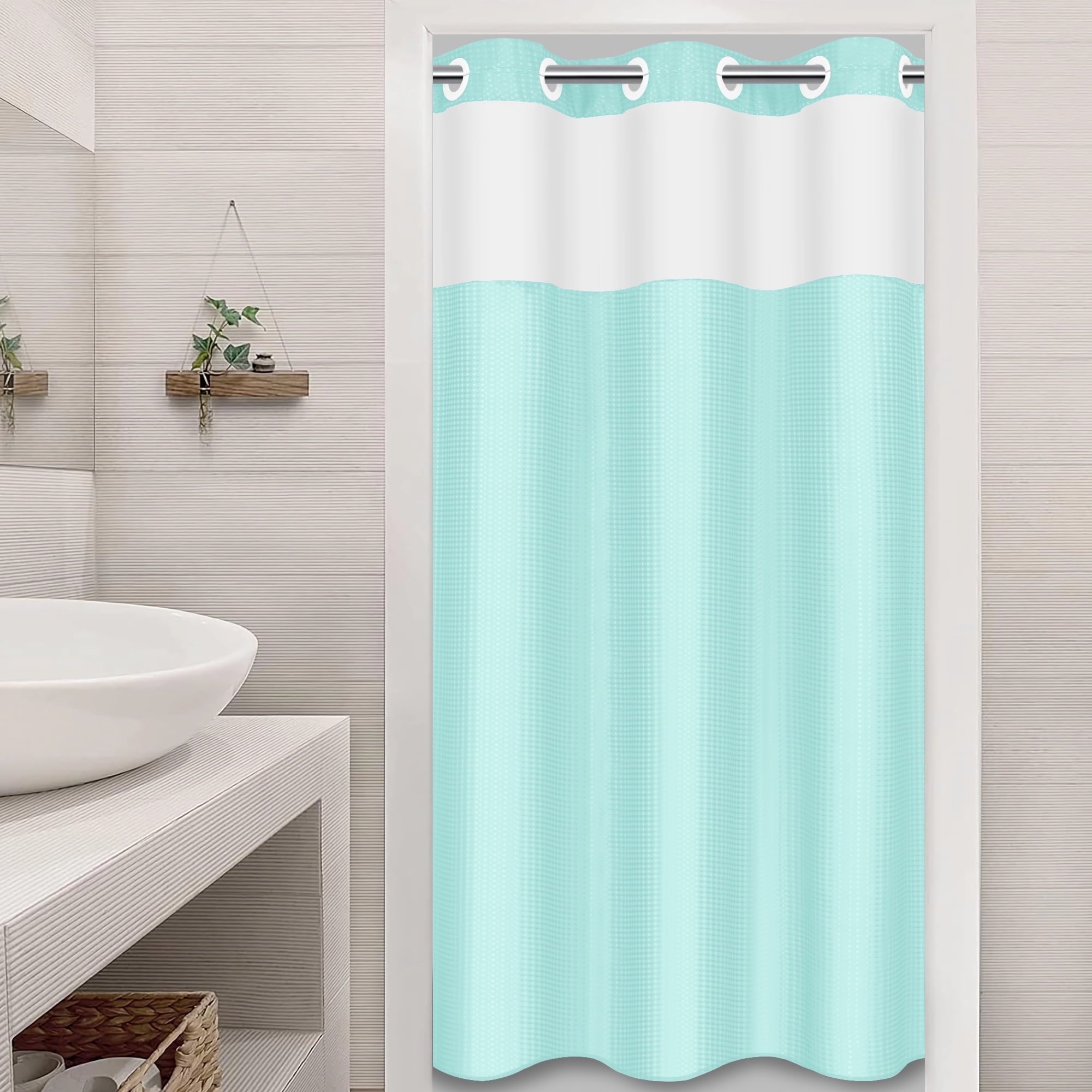 Ikfashoni White Hookless Shower Curtain with Snap in Liner, Waffle Weave Fabric No Hook Waterproof Mesh Window Bathroom Curtain, 72"X74"