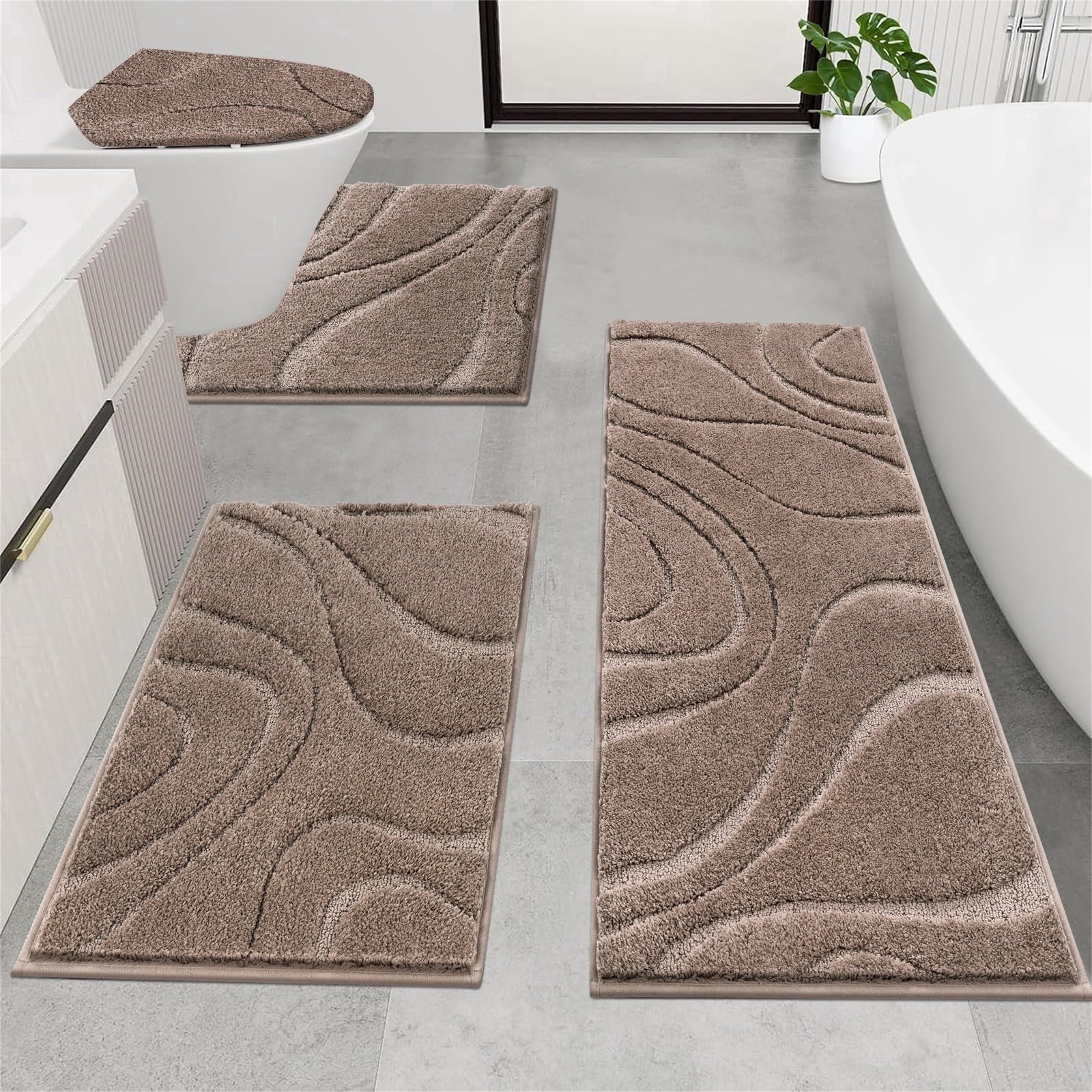 Ileading Bathroom Rugs Sets 4 Piece, Super Soft and Absorbent Non Slip Microfiber Toilet Bathroom Mats