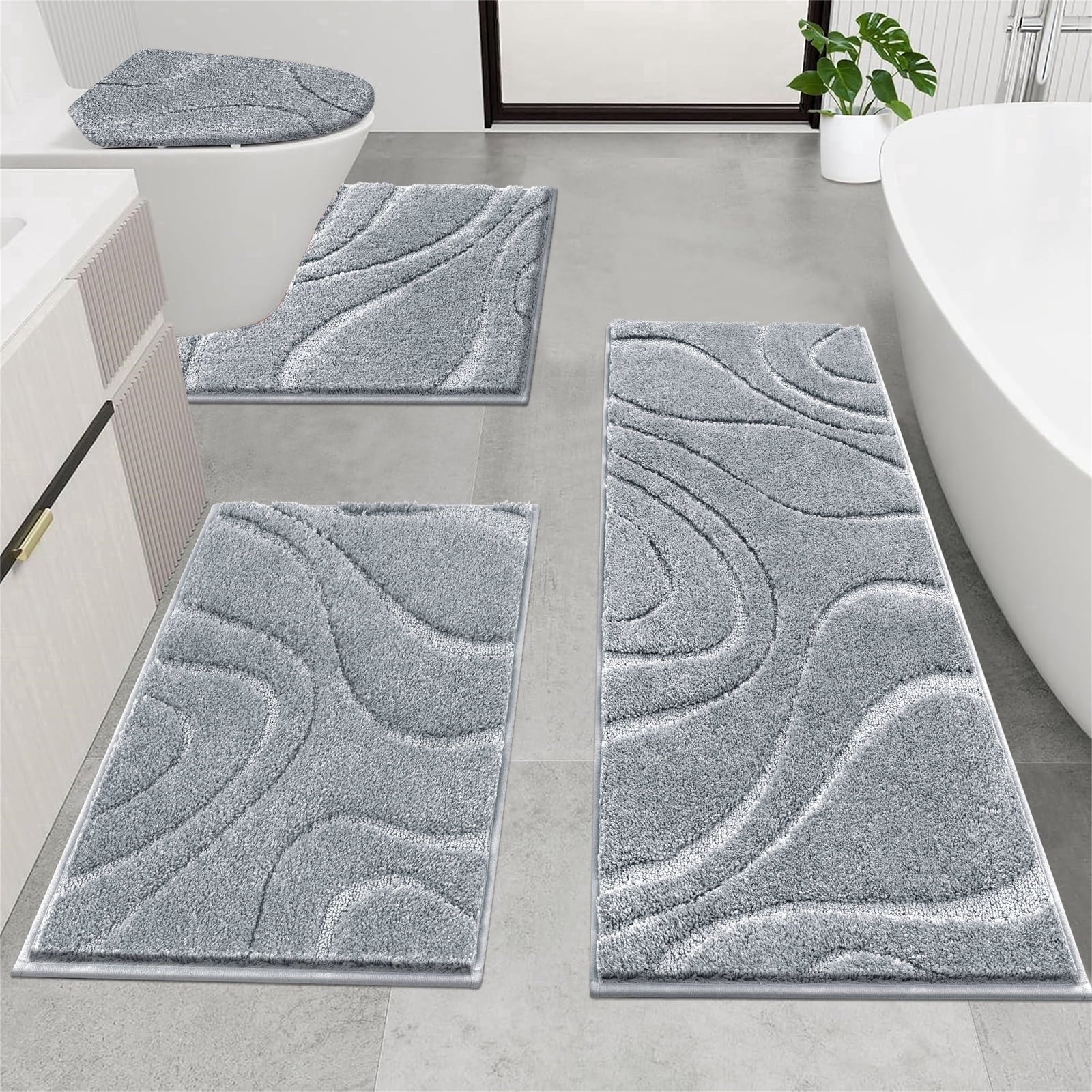 Ileading Bathroom Rugs Sets 4 Piece, Super Soft and Absorbent Non Slip Microfiber Toilet Bathroom Mats