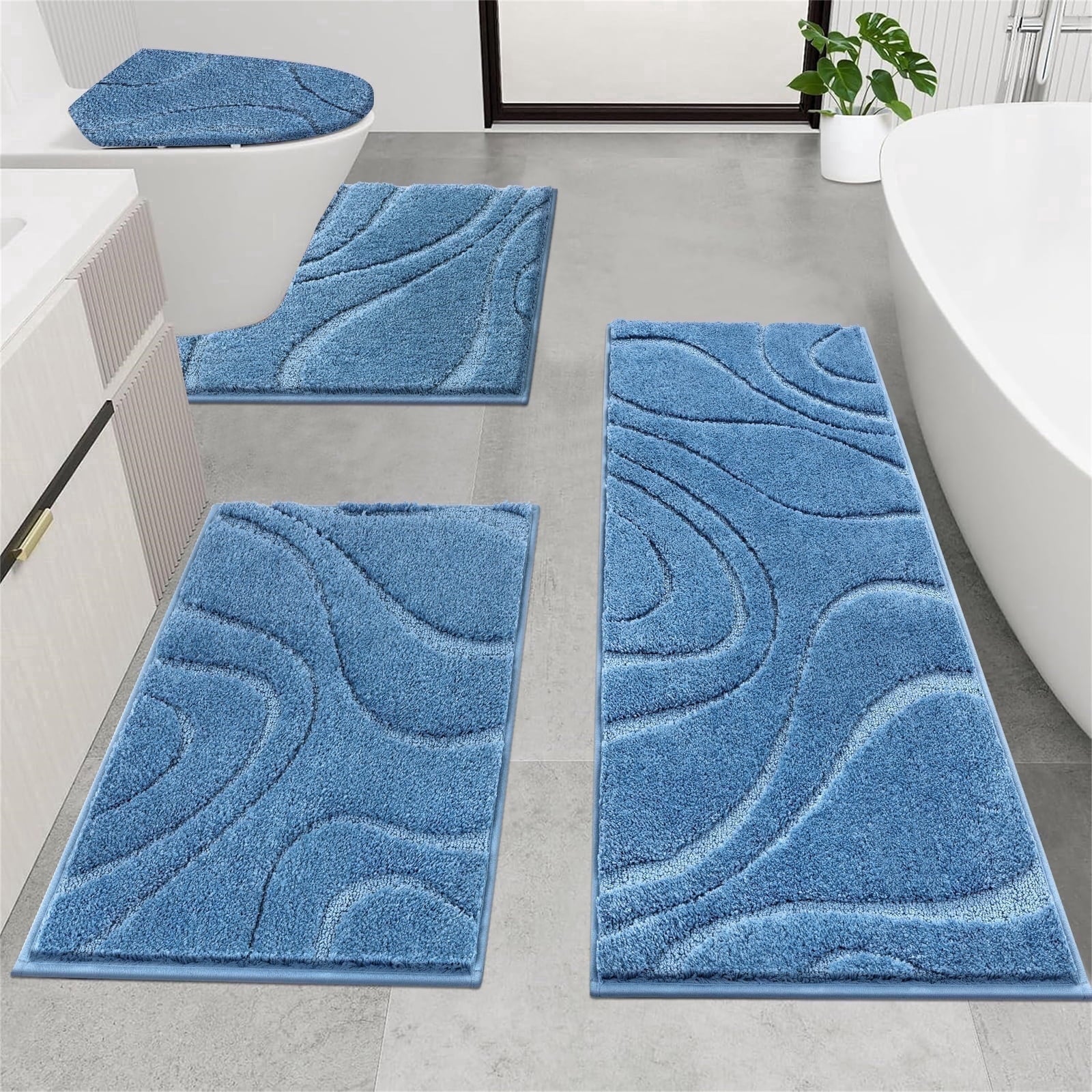 Ileading Bathroom Rugs Sets 4 Piece, Super Soft and Absorbent Non Slip Microfiber Toilet Bathroom Mats