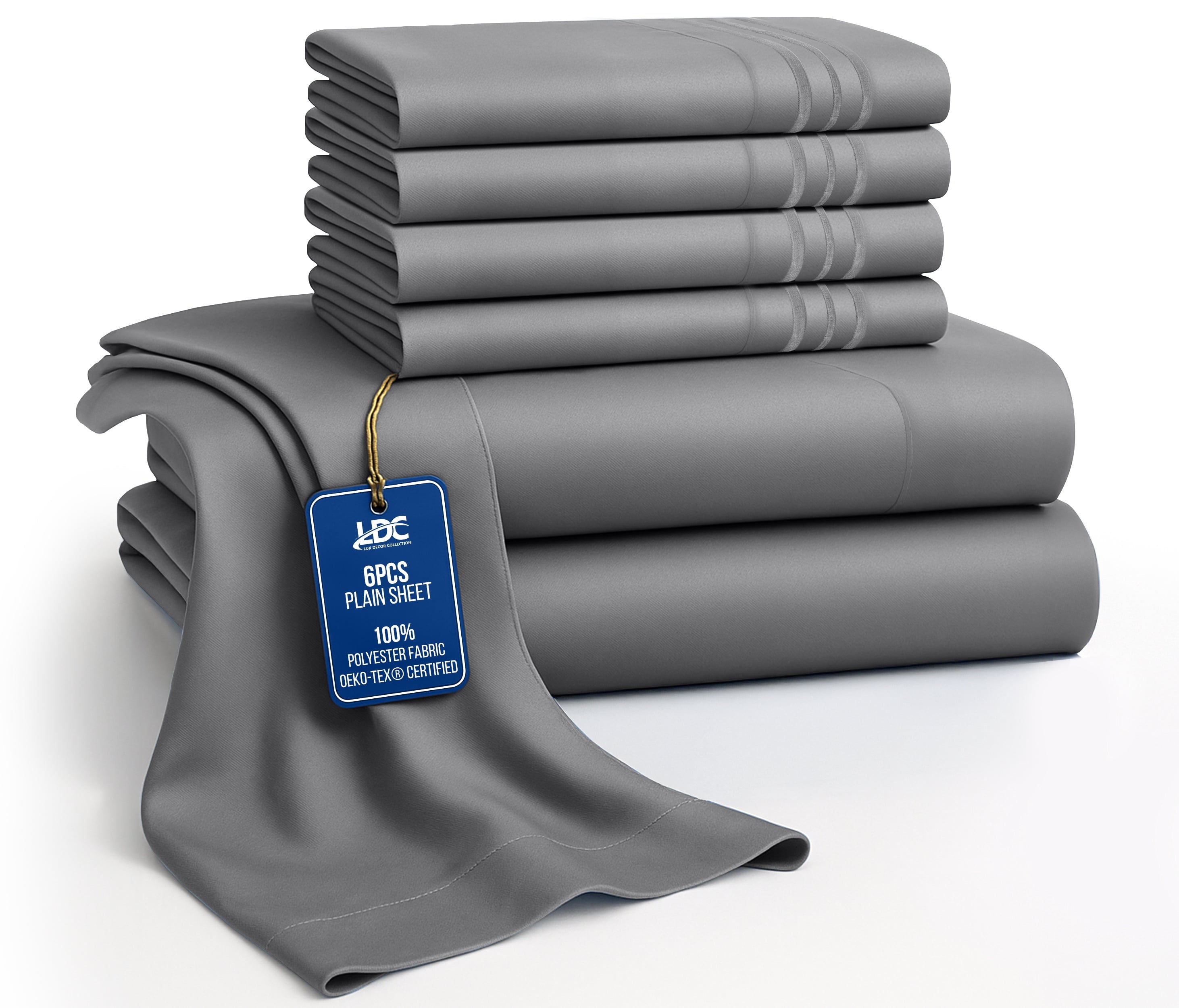 Lux Decor&nbsp;King&nbsp;Bed Sheets - 6 Piece Ultra-Soft Microfiber&nbsp;Sheets Set, Deep Pocket Fitted Sheet, Flat Sheet & 4 Pillowcases, Breathable Hotel Luxury, OEKO-TEX Certified, Grey