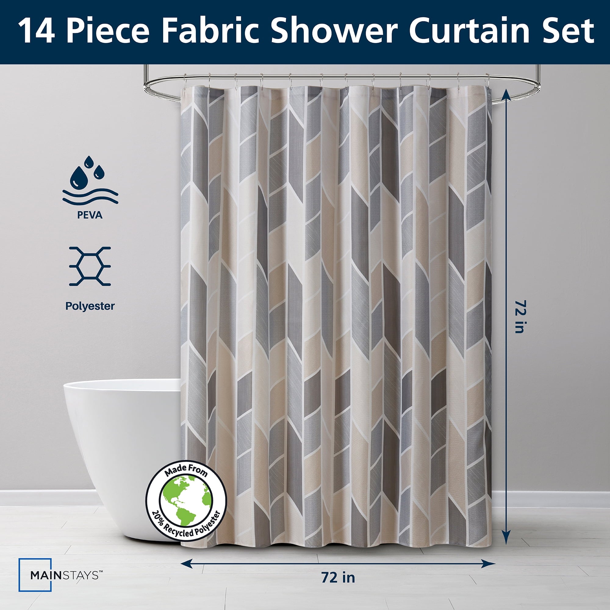 Mainstays 14 Piece Fabric Shower Curtain Set, PEVA Liner & Hooks, Natural Geometric 72" x 72"