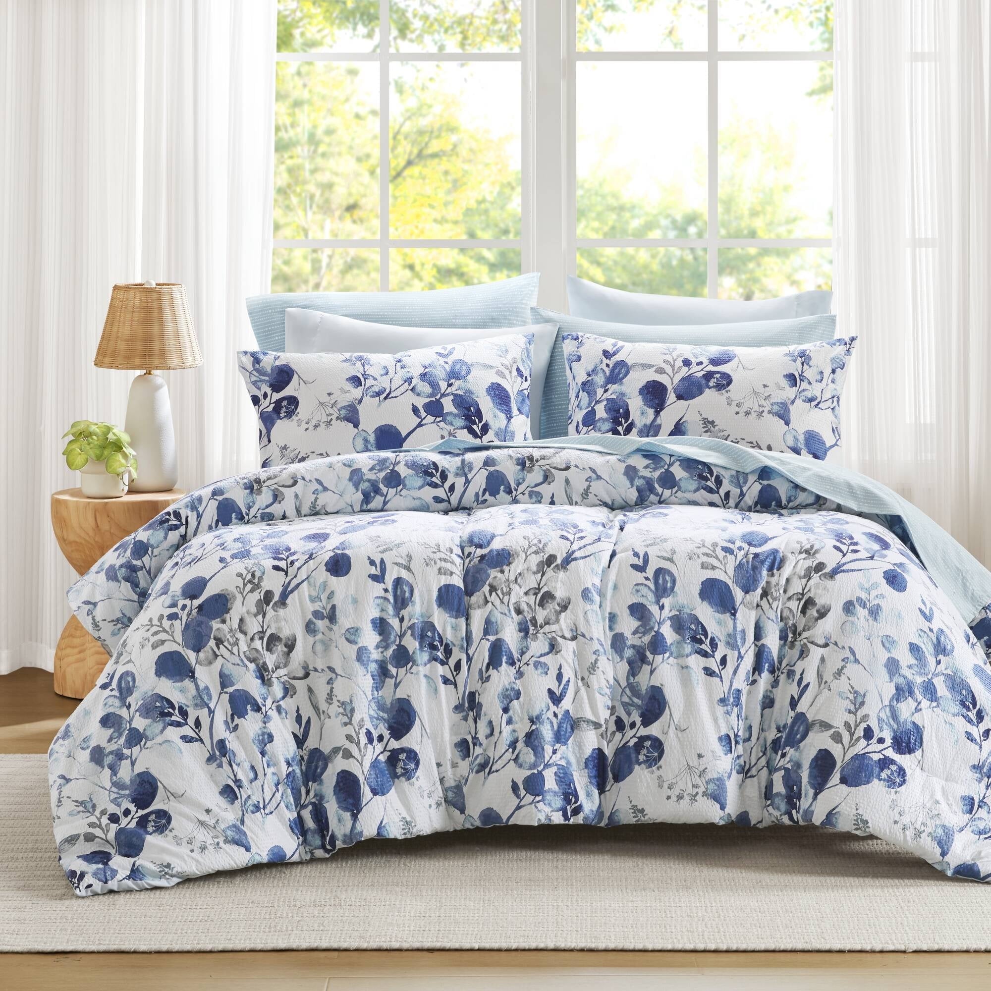 Regency Heights 9-Piece Queen Size Seersucker Comforter Set with Sheets, Texture Botanical Print Bed in A Bag, Blue Bedding Set with Comforter, Flat Sheet, Fitted Sheet with Side Pocket