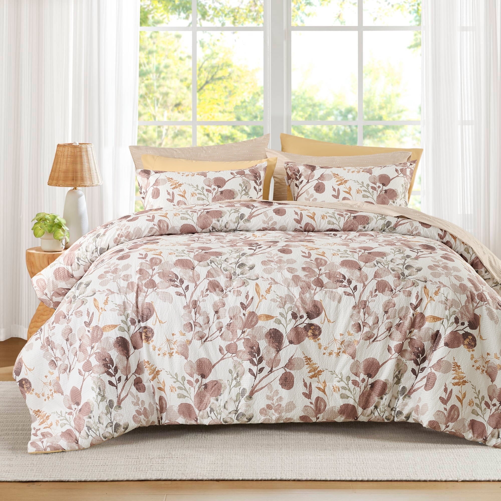 Regency Heights 9-Piece Queen Size Seersucker Comforter Set with Sheets, Texture Botanical Print Bed in A Bag, Blue Bedding Set with Comforter, Flat Sheet, Fitted Sheet with Side Pocket