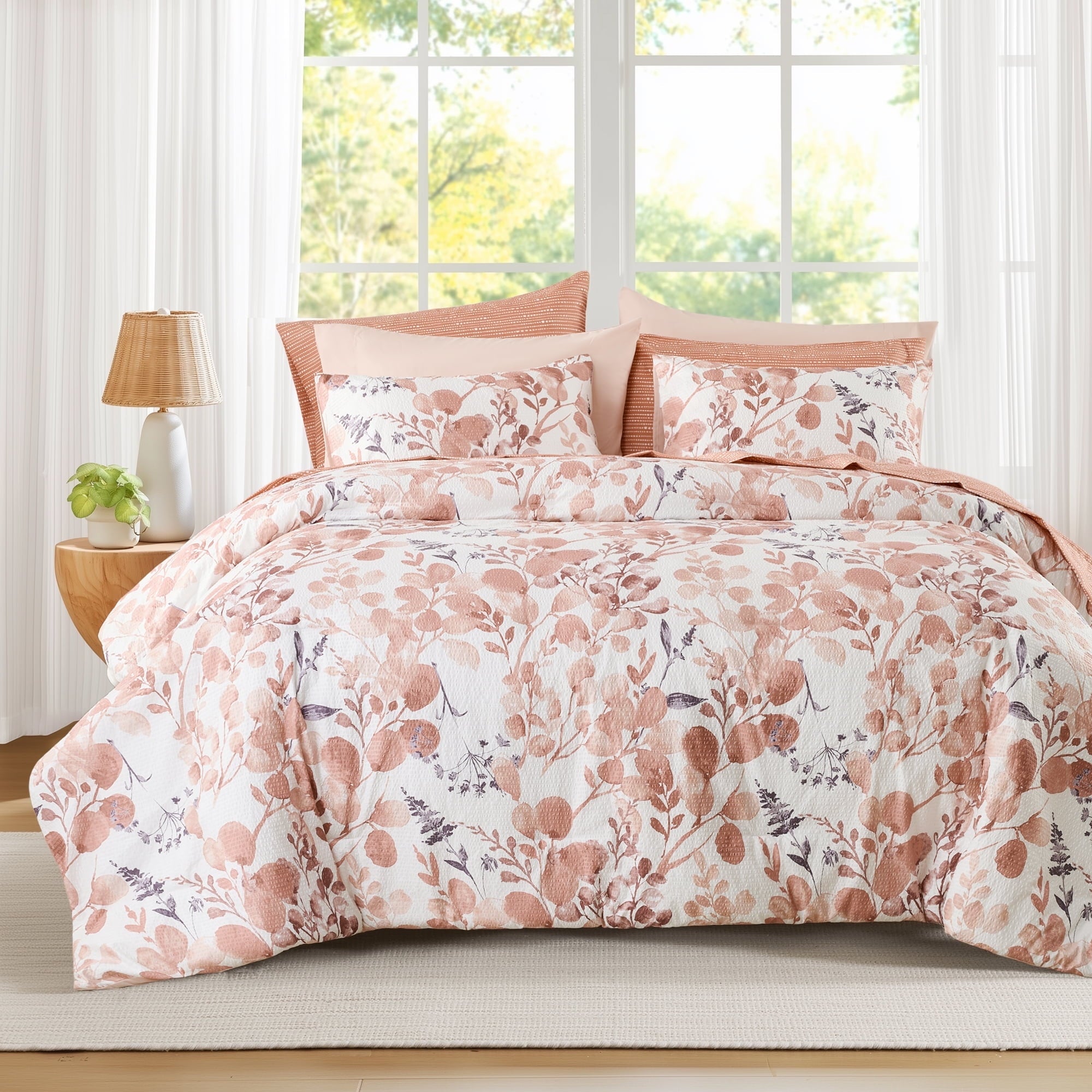 Regency Heights 9-Piece Queen Size Seersucker Comforter Set with Sheets, Texture Botanical Print Bed in A Bag, Blue Bedding Set with Comforter, Flat Sheet, Fitted Sheet with Side Pocket