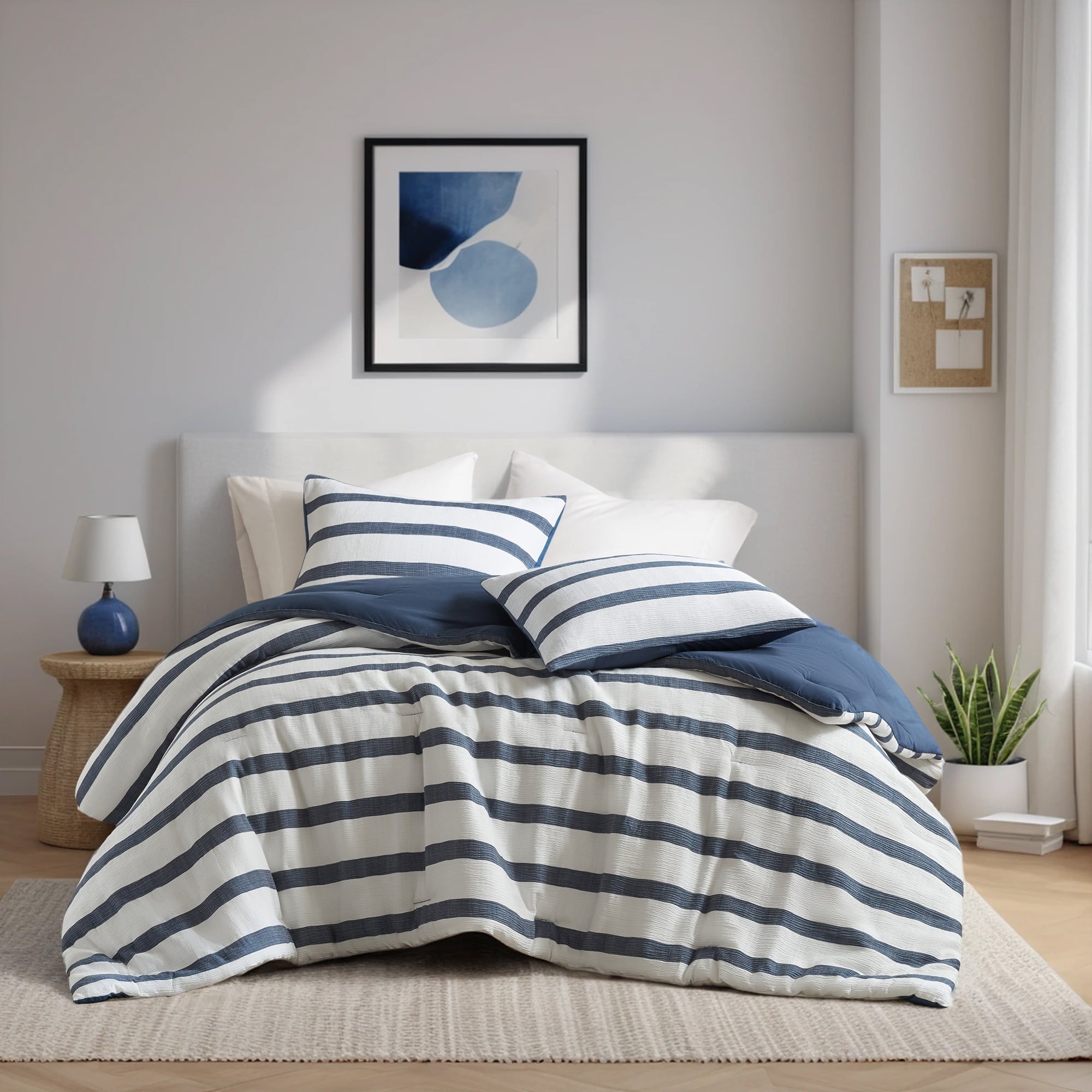 Regency Heights Full/Queen Comforter Set, Striped Texture Bedding Comforter Sets, 3 Pieces Tonal Stripes Woven Comforter with Pillow Sham, Blue