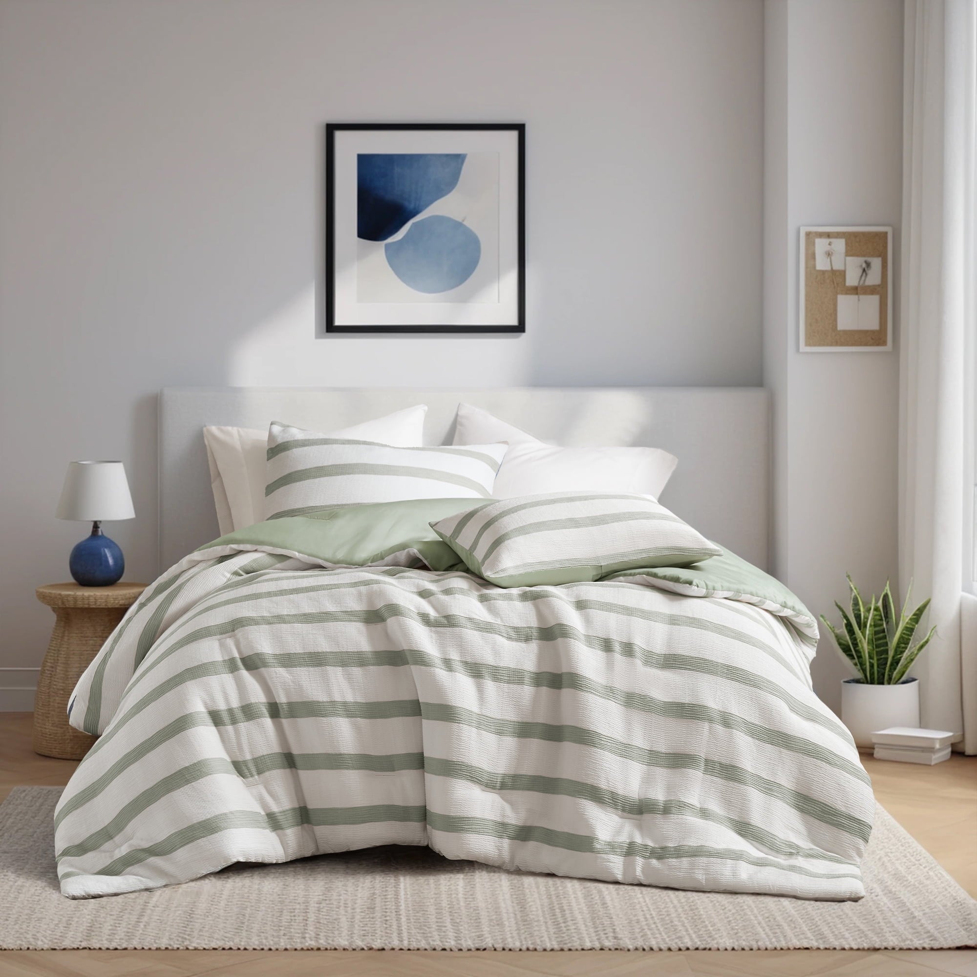 Regency Heights Full/Queen Comforter Set, Striped Texture Bedding Comforter Sets, 3 Pieces Tonal Stripes Woven Comforter with Pillow Sham, Blue