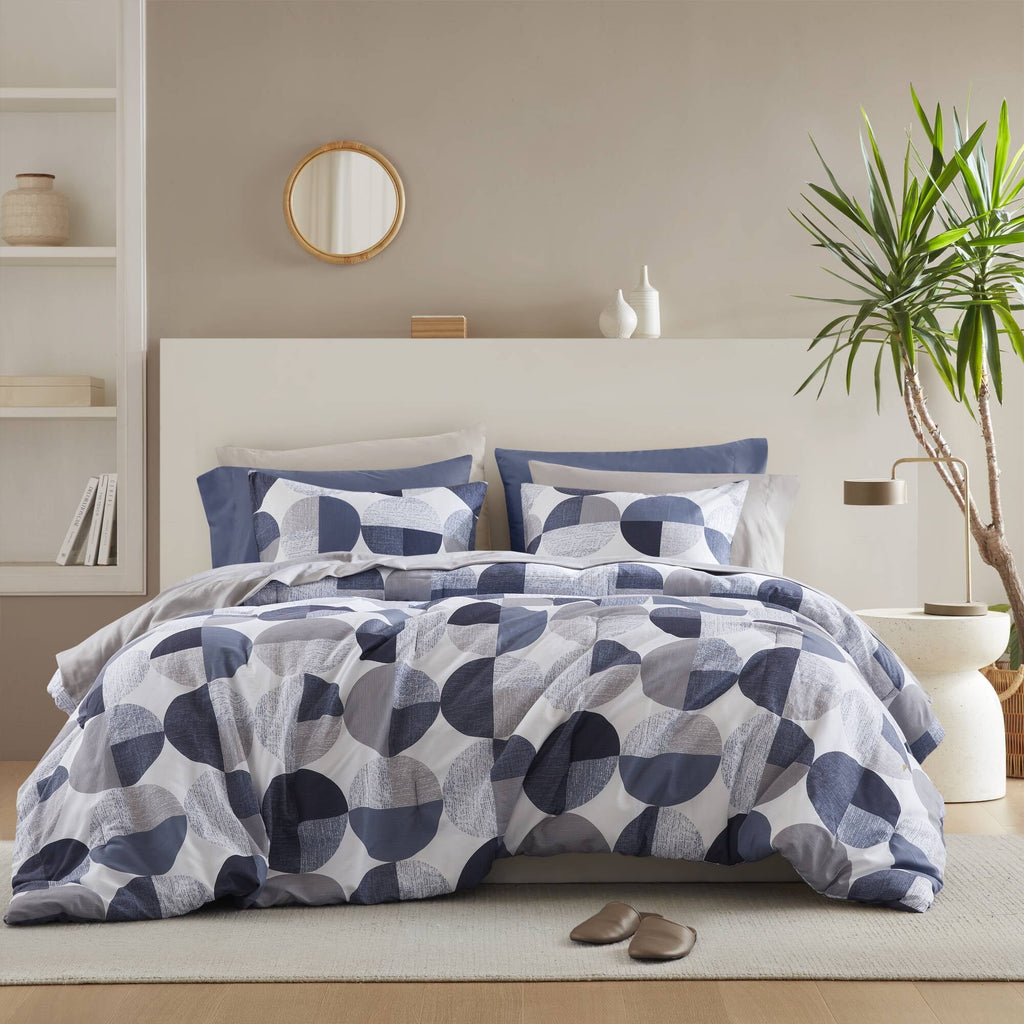 Regency Heights Queen Size Comforter Set, 9-Piece Bed in a Bag Queen, Round Geometric Print Bedding Comforter Set with Sheets, Navy Blue