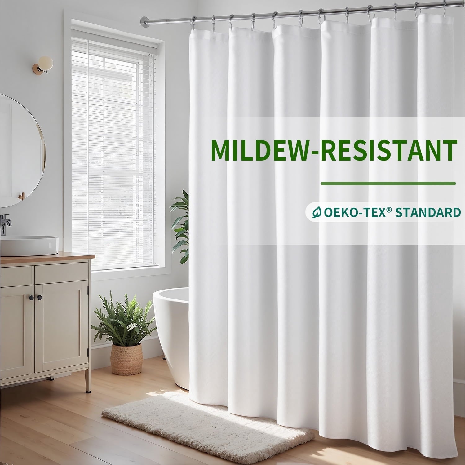 Yiannan Fabric Water-Repellent Shower Curtain,Mold Resistant & Machine Washable Shower Curtain liner,72 x 72 inches,White