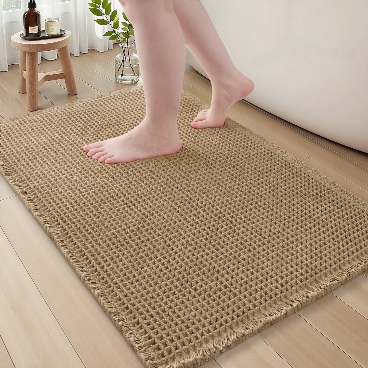SIXHOME Bathroom Rugs Waffle Bath Rug Super Soft Absorbent Non Slip Bath Mat Beside Tub Rubber Backed Machine Washable Bathroom Rugs with Tassels Boho Bathroom Decor 17" x 24" Brown
