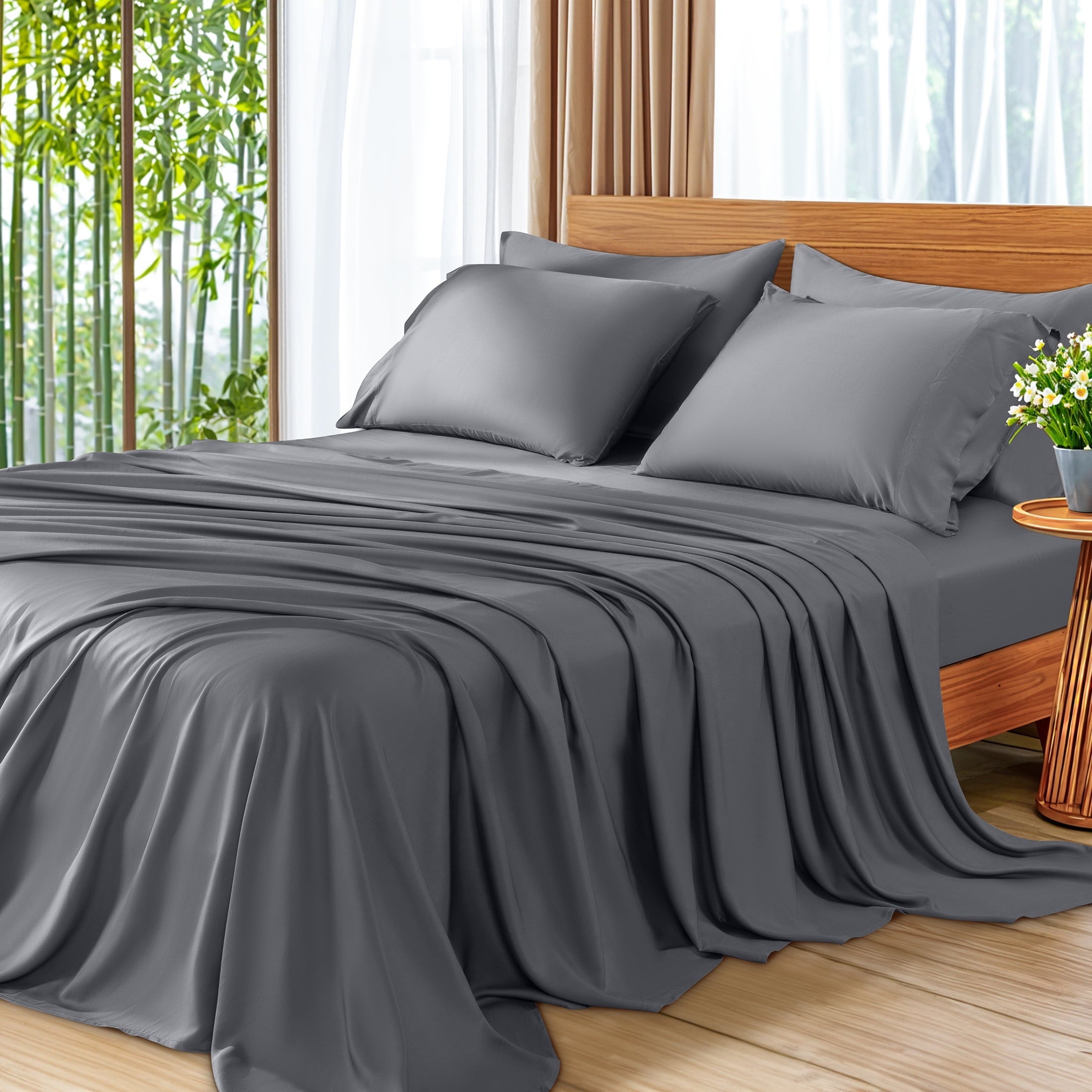 SONORO KATE 6 Pieces Bamboo Bed Sheets Set, Luxury Rayon Derived - Deep Pockets - Wrinkle Free - Extremely Soft, Queen, Dark Gray